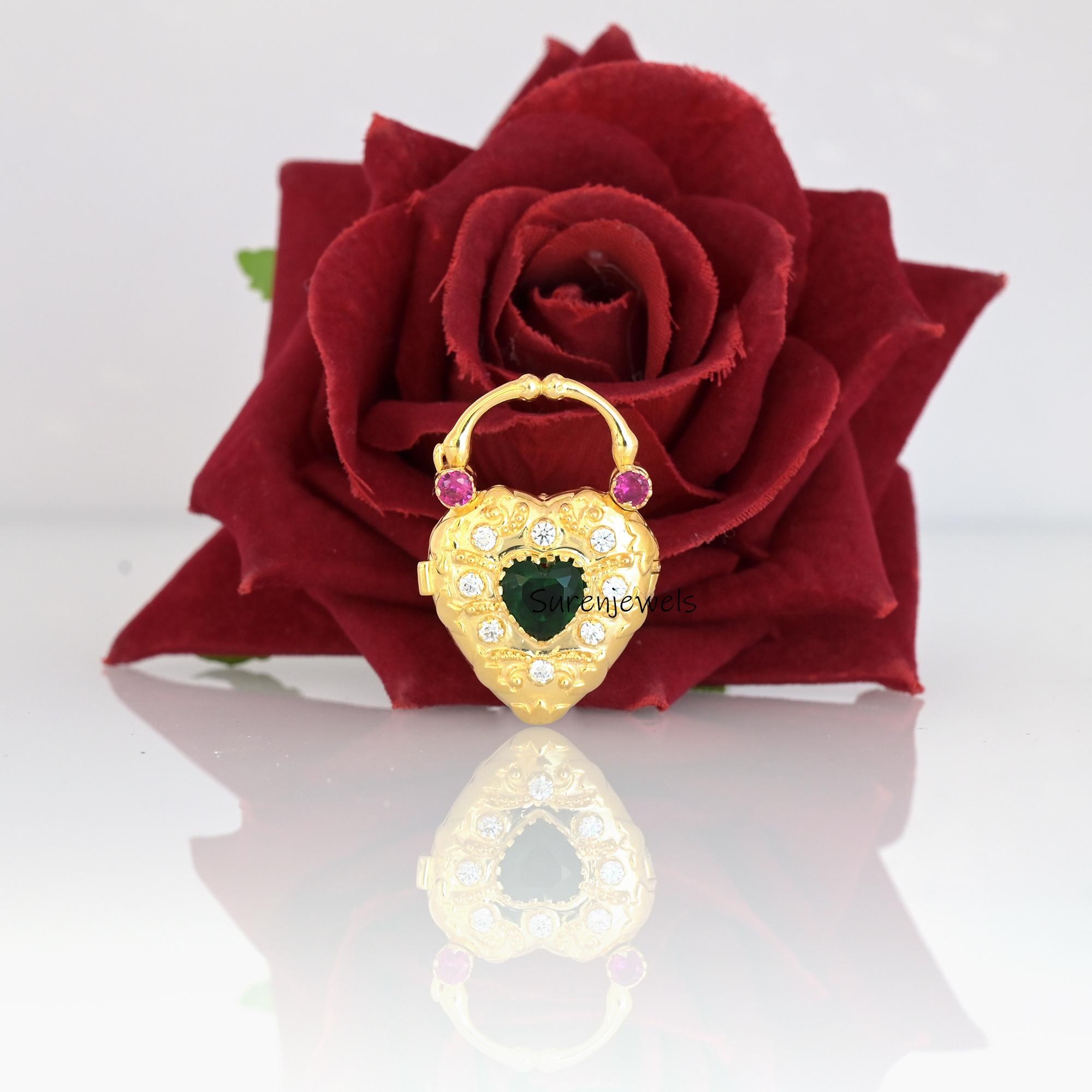 14K Gold Multi Gemstone Heart Padlock: Designer Locket - View 2 - Suren Jewels | SKU: SJP85-SLYGCZRUGO-N47-18I
