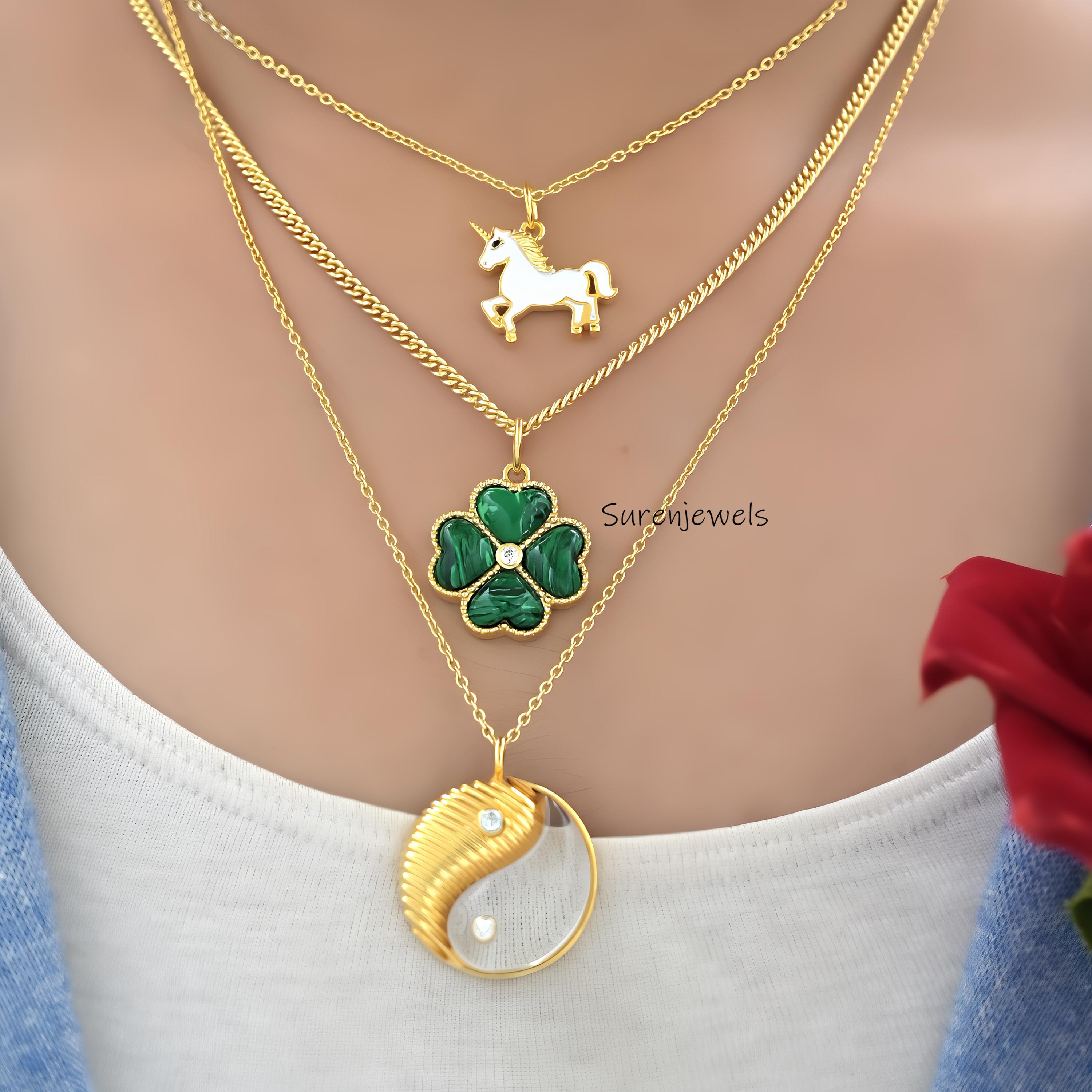 14k Gold Enamel Unicorn Pendant: Pegasus Winged Horse Charm - View 5 - Suren Jewels | SKU: SJP4775-SLYGELWELBK-20M,SJP4720-SL