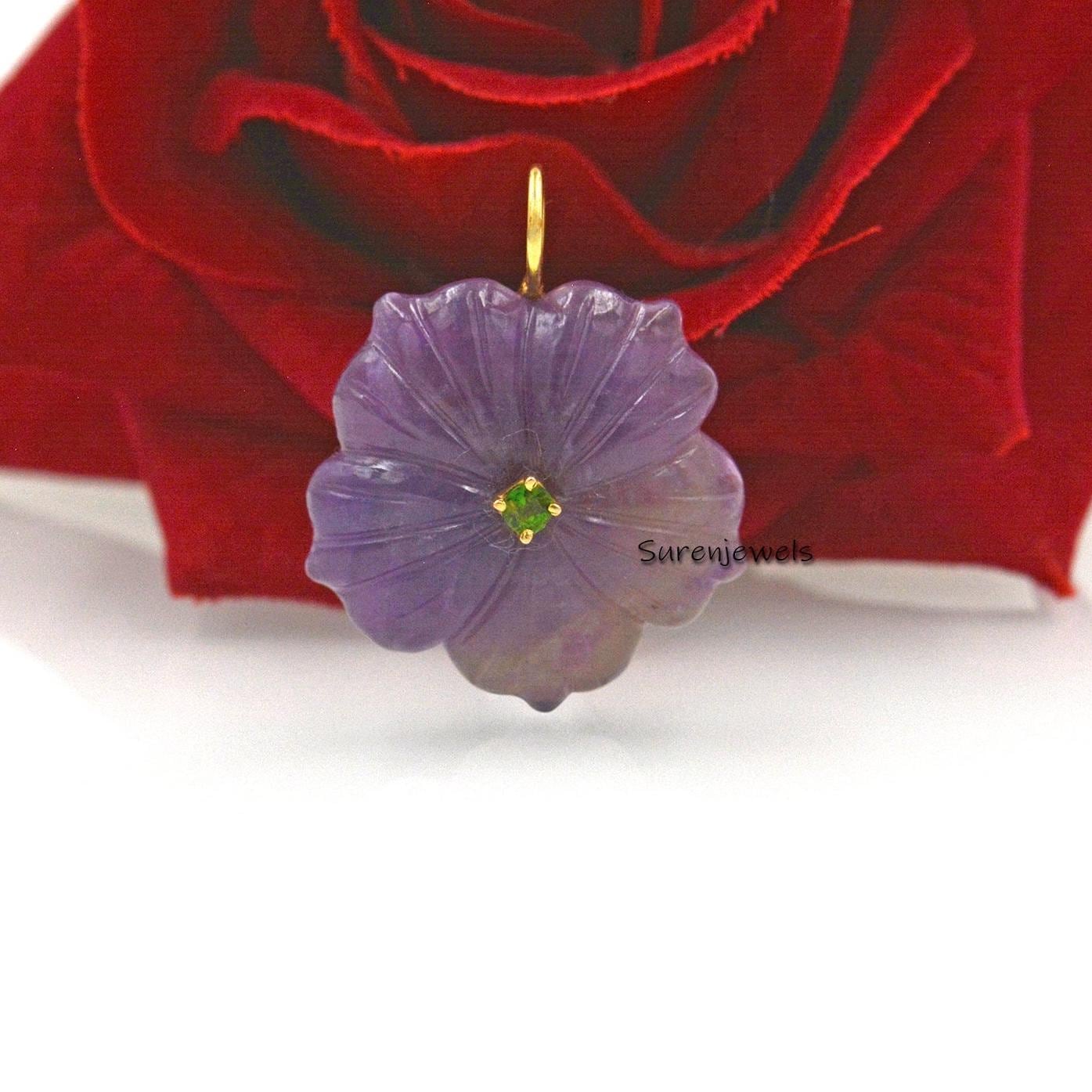 14K Gold Amethyst Flower Pendant: Hand Carved Gemstone Jewelry - Suren Jewels | SKU: SJP1730