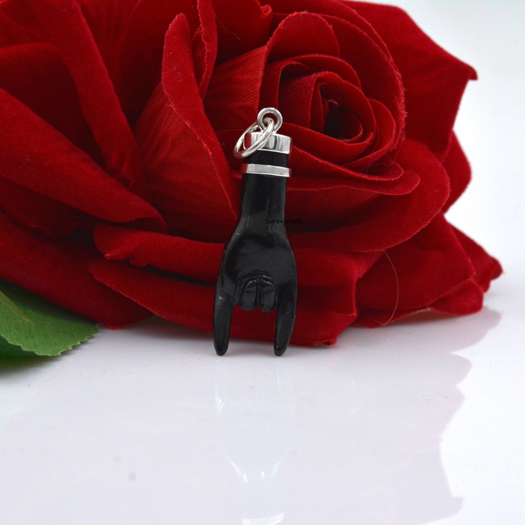 Sterling Silver Figa Hand Pendant: Coral & Turquoise Gemstone Charm - View 7 - Suren Jewels | SKU: SJP1049-SLNSMSTQ