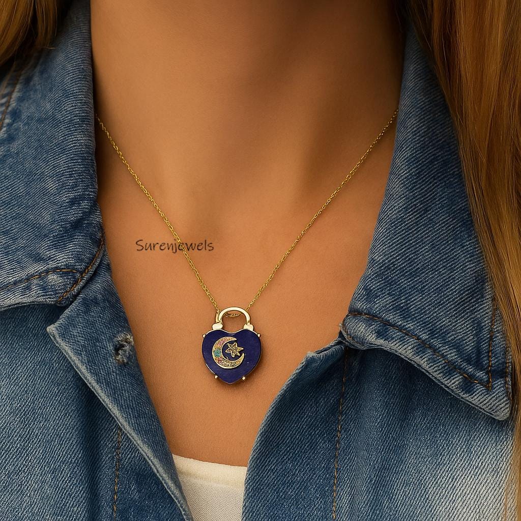 Gold Celestial Heart Locket Necklace, Navy Blue Enamel Heart Pendant, Moon and Star Jewelry, Gift for Her, Celestial Layering