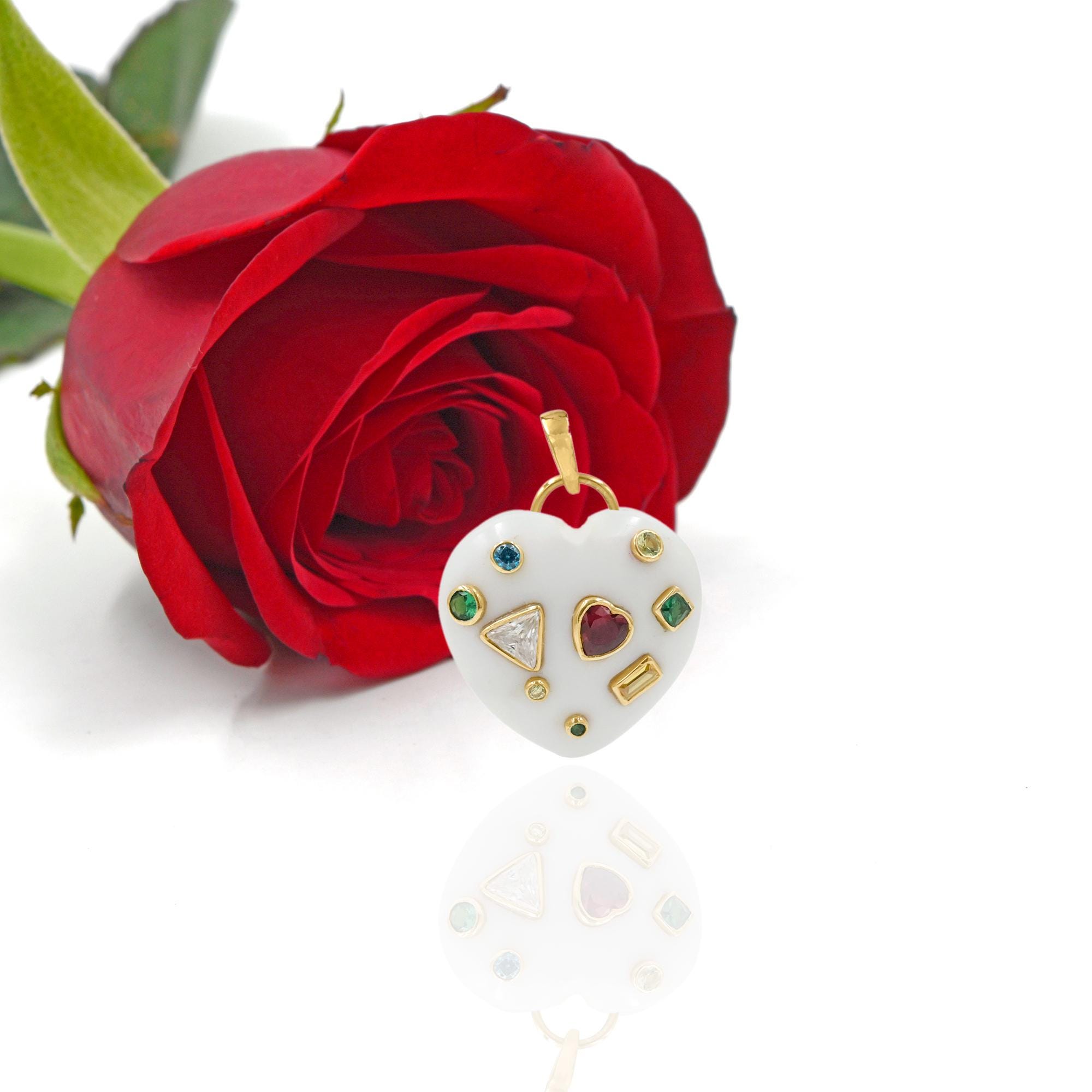 14k Gold Gemstone Heart Padlock Pendant, Carved Heart Lock - View 3 - Suren Jewels | SKU: SJP4685-SLYGTQMG-35M