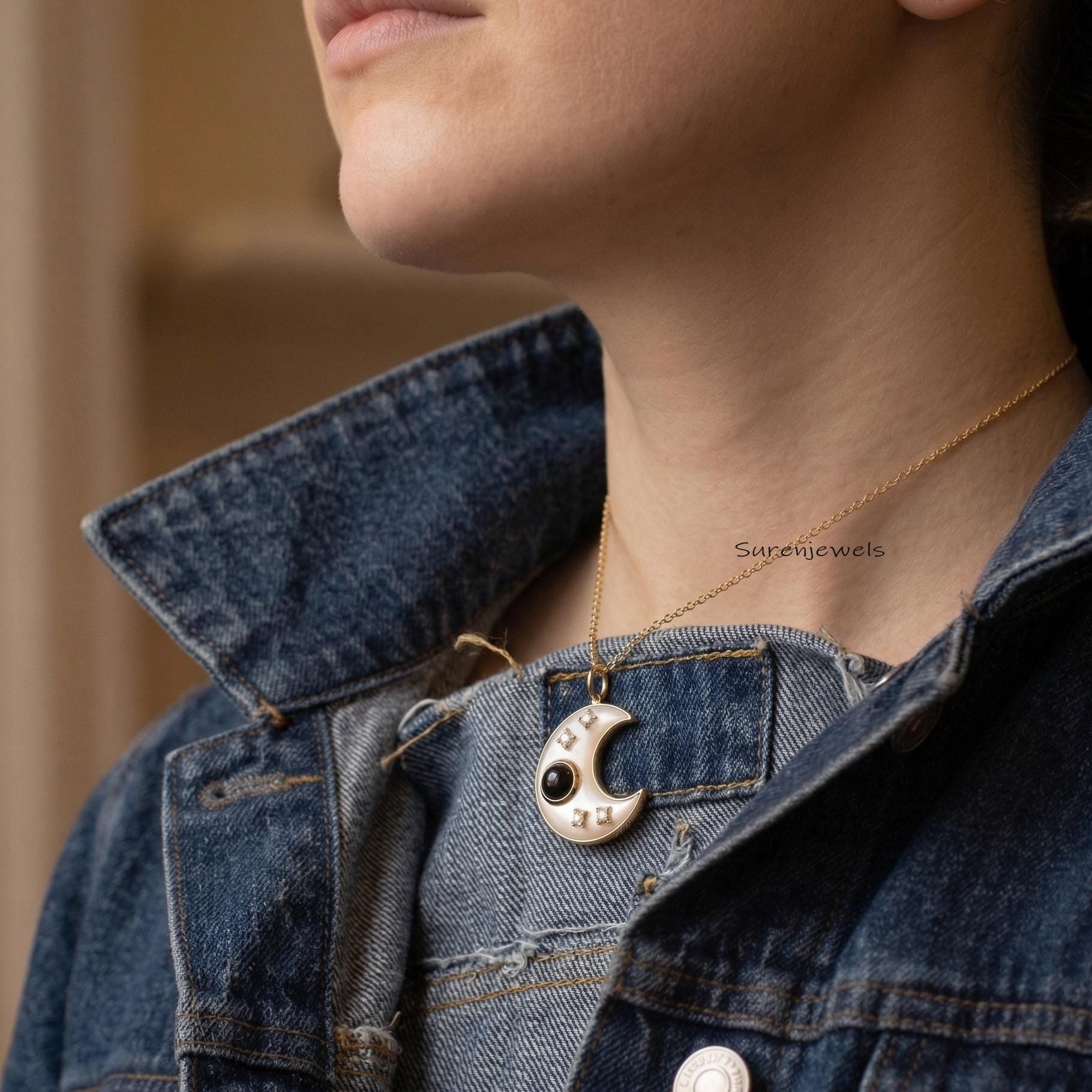 Hand carved 14k Gold Gemstone Half Moon Pendant, Handmade Designer Half Moon Pendant - View 4 - Suren Jewels | SKU: SJP