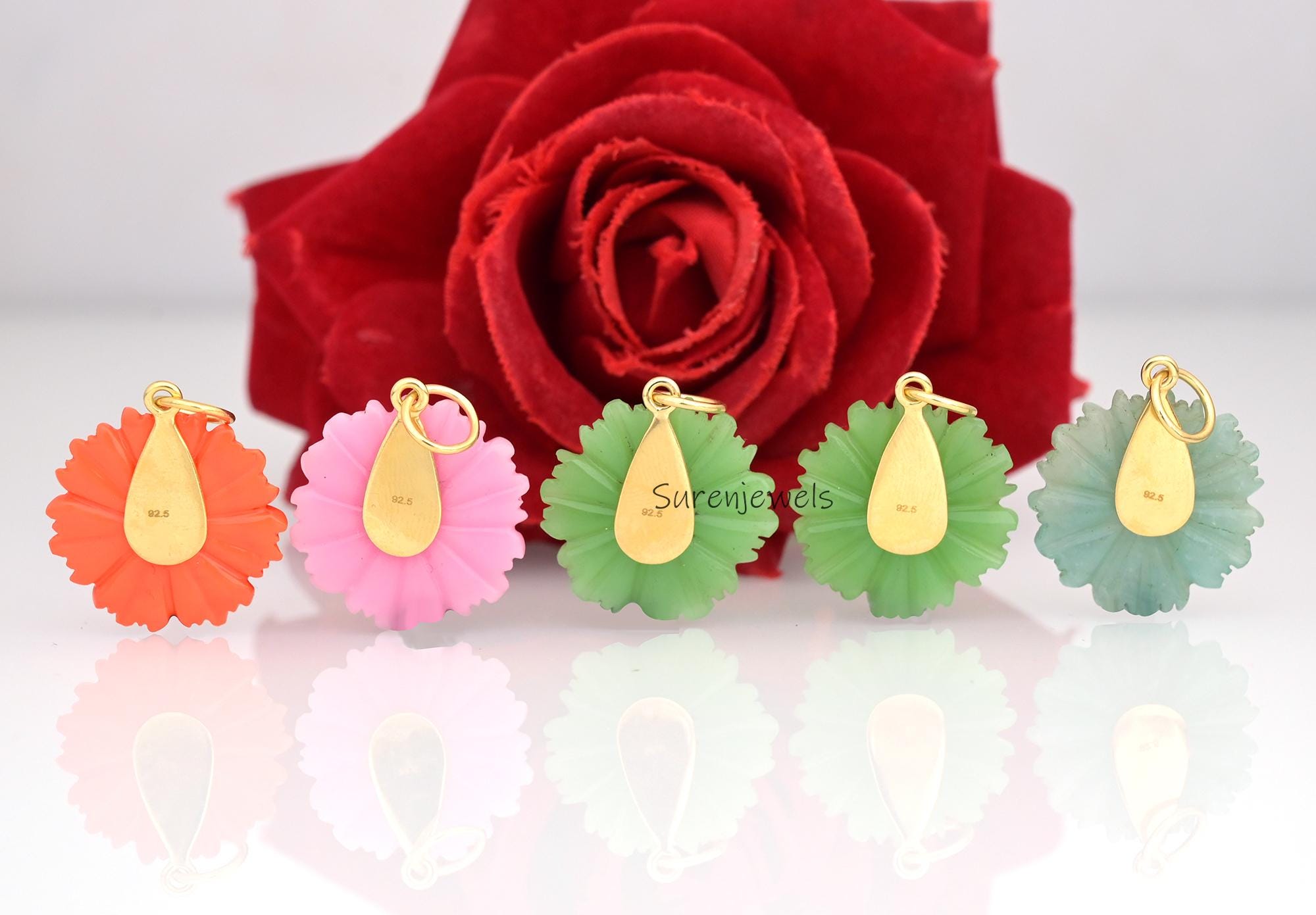 14K Gold Flower Pendant: Gemstone & Ruby CZ Charm - View 4 - Suren Jewels | SKU: SJP4375-SLYGOCRGCZ-25M