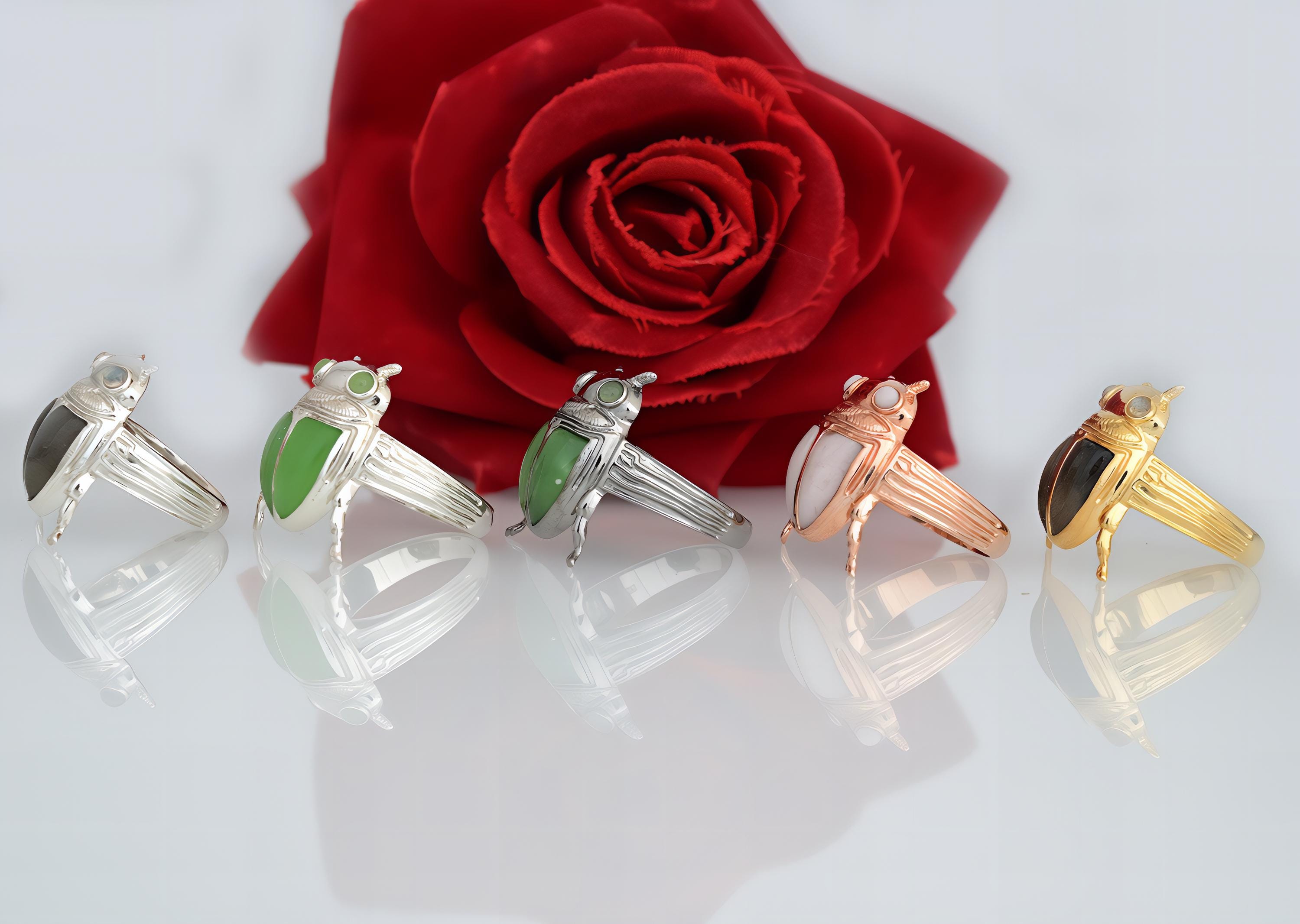 14k Gold Gemstone Scarab Beetle Ring: Egypt-Inspired Lucky Jewelry - View 4 - Suren Jewels | SKU: SJR2756-SLWGMSLB-US-8,SJR,S