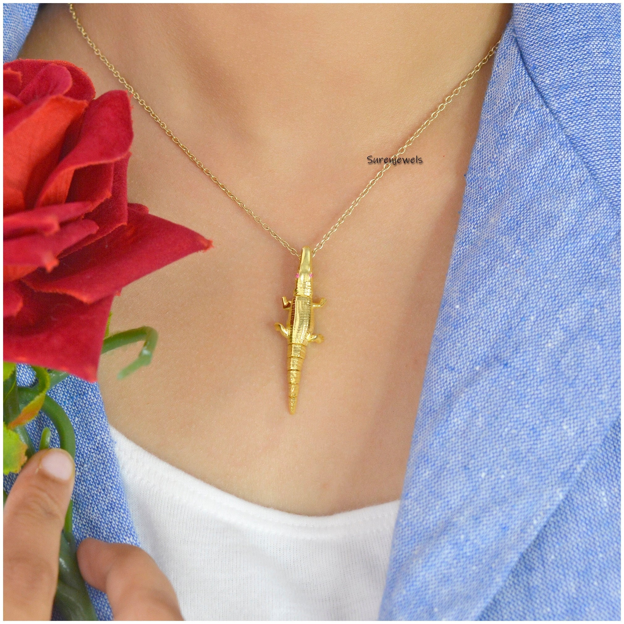 14k Gold Alligator Pendant: Crocodile Animal Jewelry (40x12 mm) - Suren Jewels | SKU: SJP1214-SLNSPSP