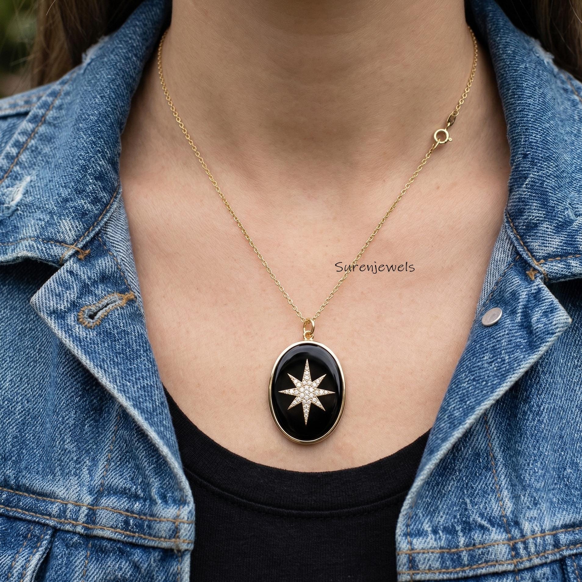 Celestial Black Onyx Pendant, Gold Starburst Necklace, Celestial Jewelry, Modern Locket, Dainty Gold Chain, Witchy Aesthetic