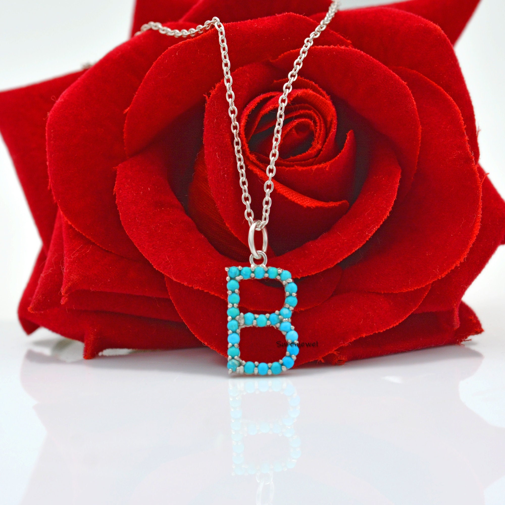925 Silver Turquoise Letter Pendant: Custom Alphabet Charm - View 7 - Suren Jewels | SKU: SJP87-SLNSTQ-N-N41-18I