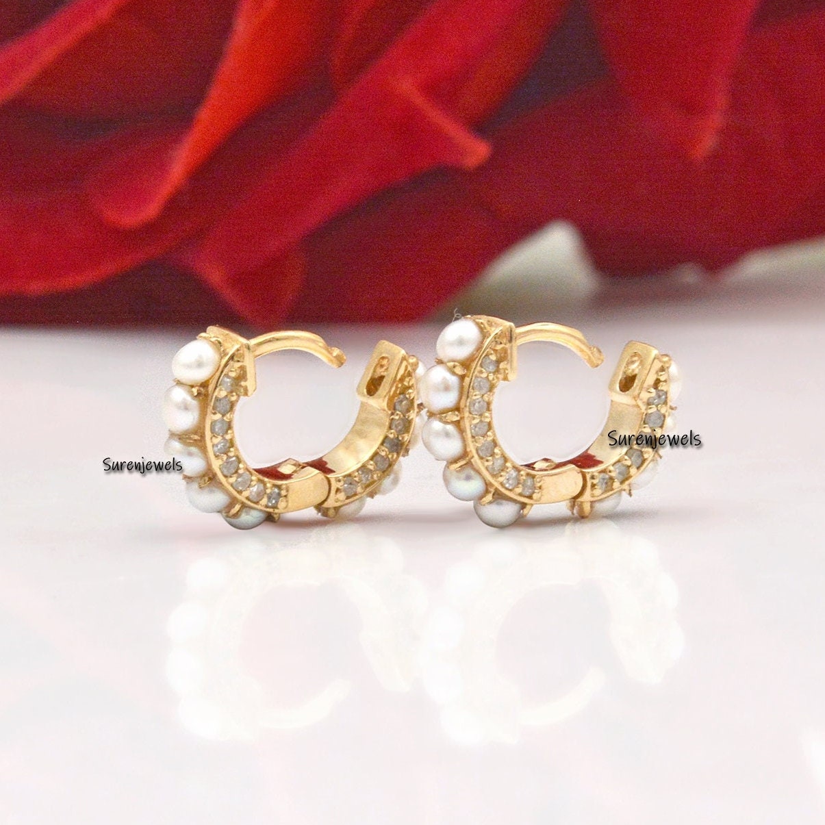 14k Gold Pearl Diamond Huggie Earrings: Dainty Gold Hoops - View 3 - Suren Jewels | SKU: SJE333-SLYGDIPL
