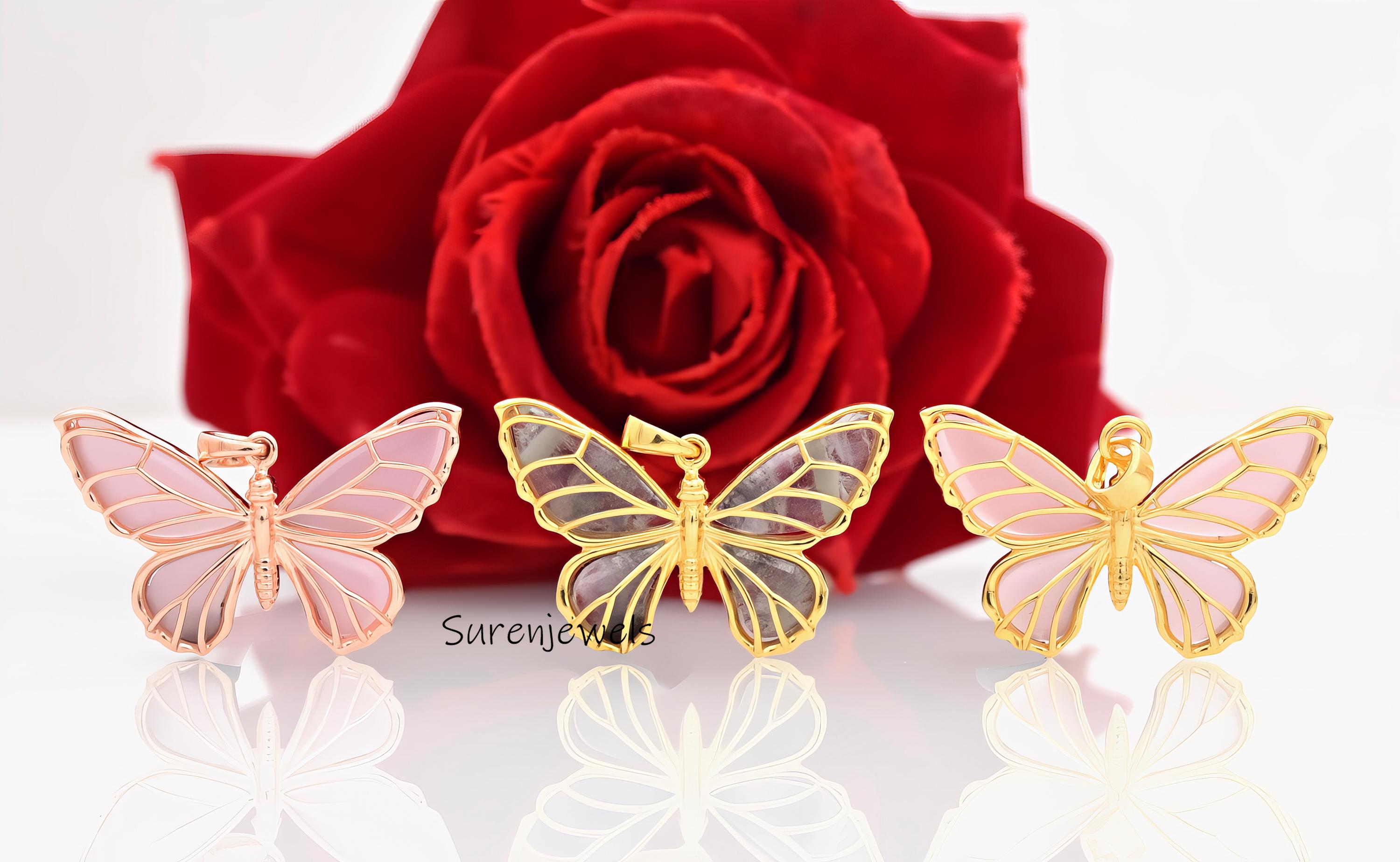 14K Gold Butterfly Charm: Handmade Carved Gemstone Pendant - View 2 - Suren Jewels | SKU: SJP4616-SLYGTL-25M