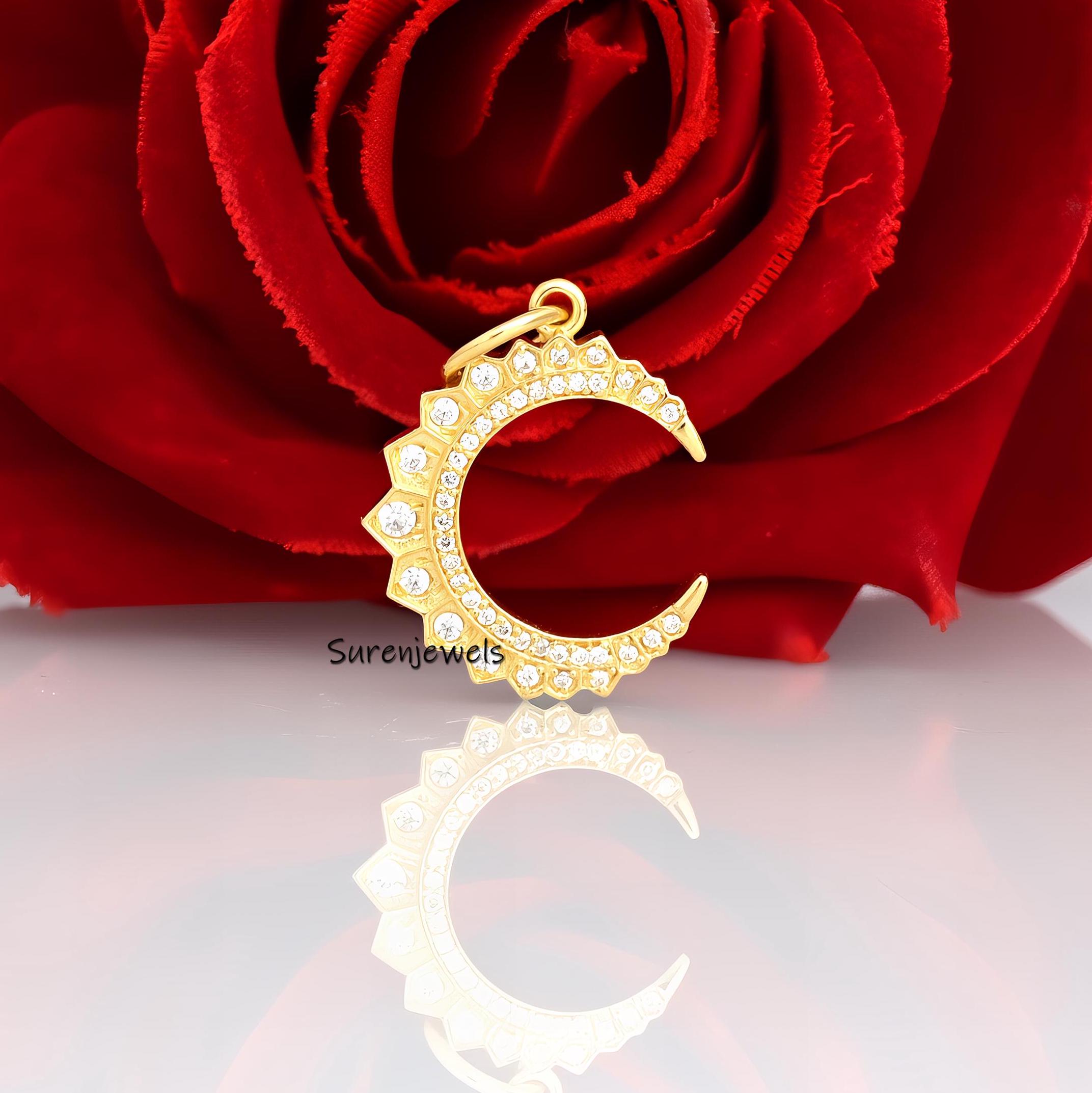14k Gold Turquoise Crescent Pendant: Silver Diamond Moon Charm - Suren Jewels | SKU: SJP1298-SLYGCZPL