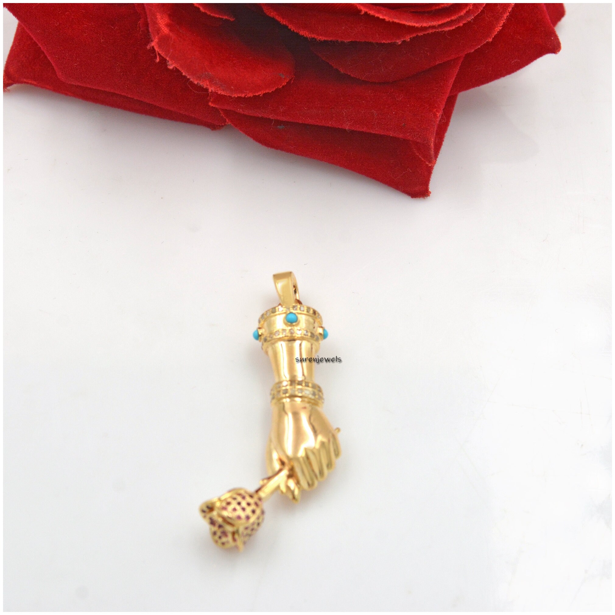 925 Silver Figa Pendant: Diamond, Ruby & Turquoise Gemstone Charm - View 3 - Suren Jewels | SKU: SJP24-SLYGDITQRU-N41-18I