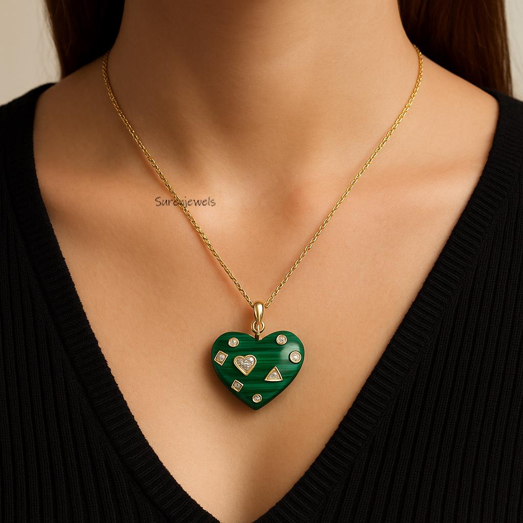 14K Gold Malachite and Multi Stone Heart Pendant - Suren Jewels | SKU: SJP5591