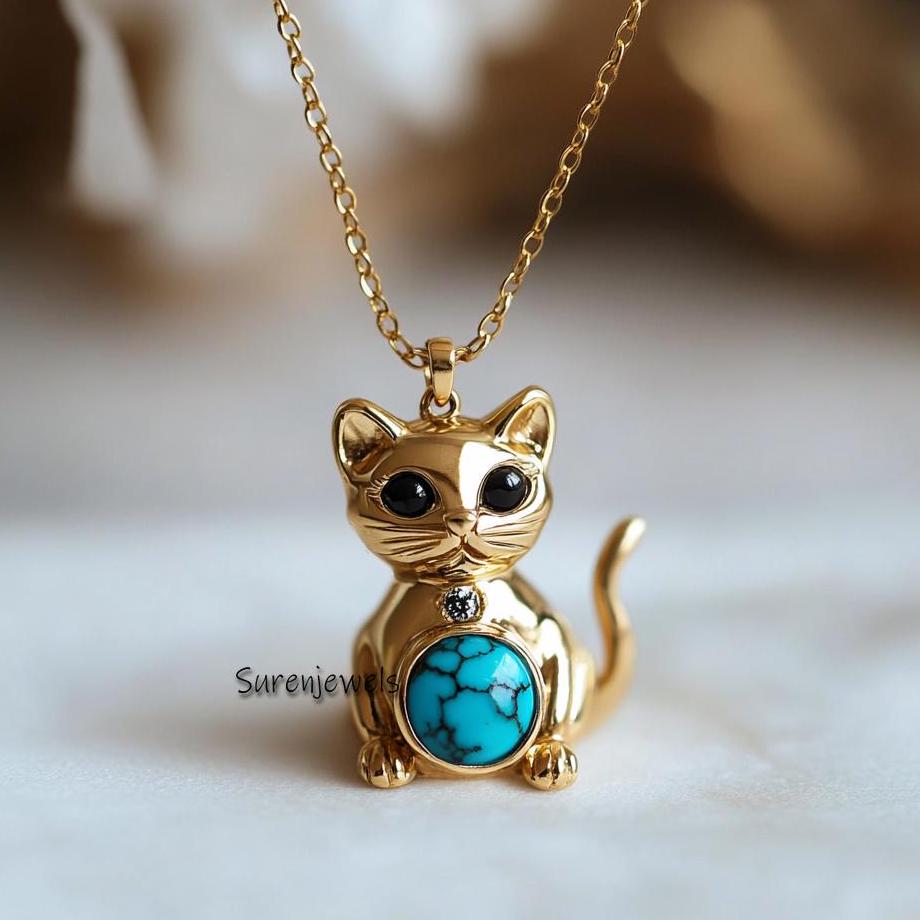 14k Gold Gemstone Cat Pendant: Designer Animal Jewelry - View 2 - Suren Jewels | SKU: SJP4941-SLYGTQCZELBK-15M,SJP4619-SLYGPO