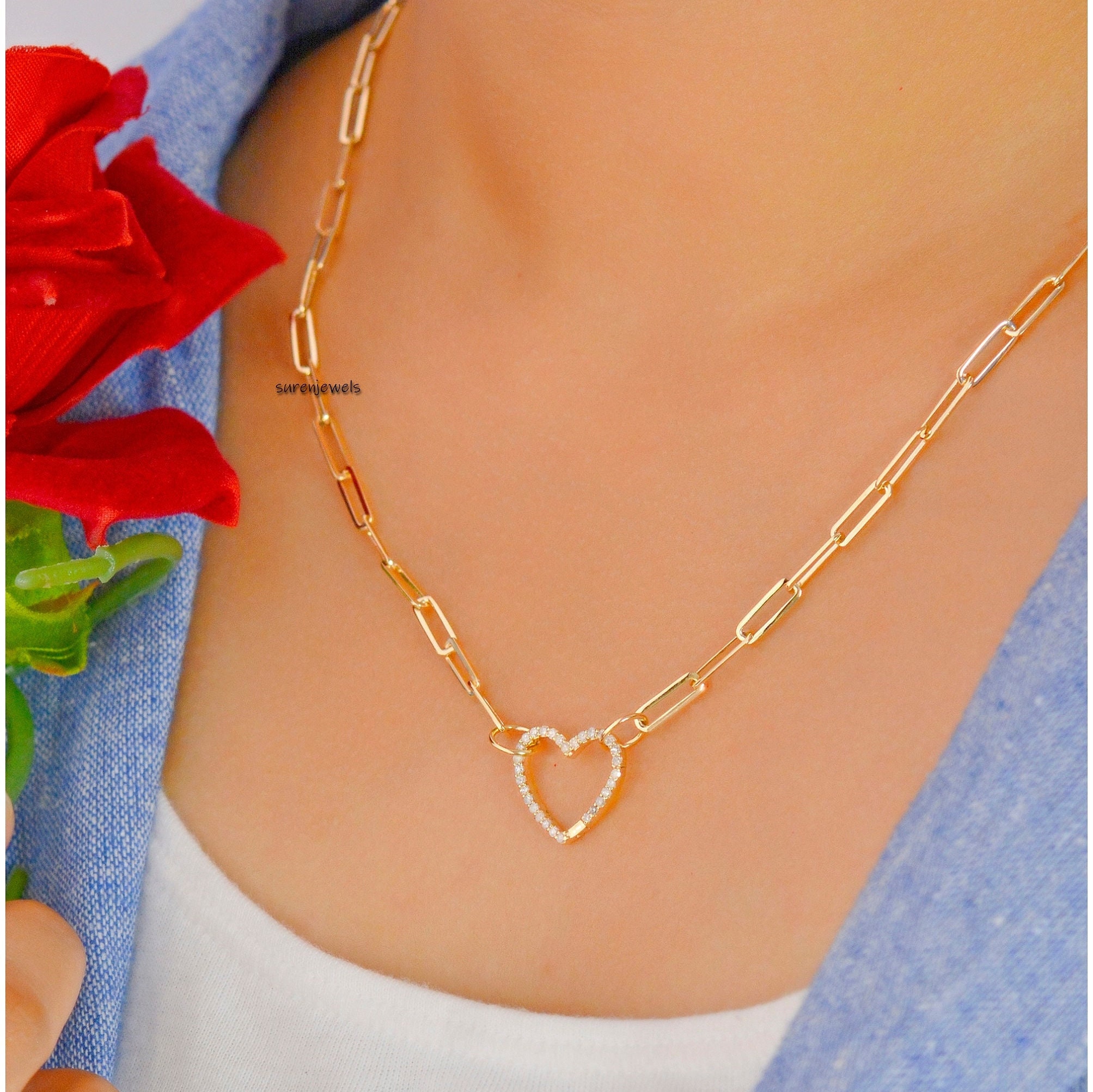 9k Gold Diamond Heart Connector Lock: Paperclip Chain Enhancer - Suren Jewels | SKU: SJP536-9KYGDI-N47-18I