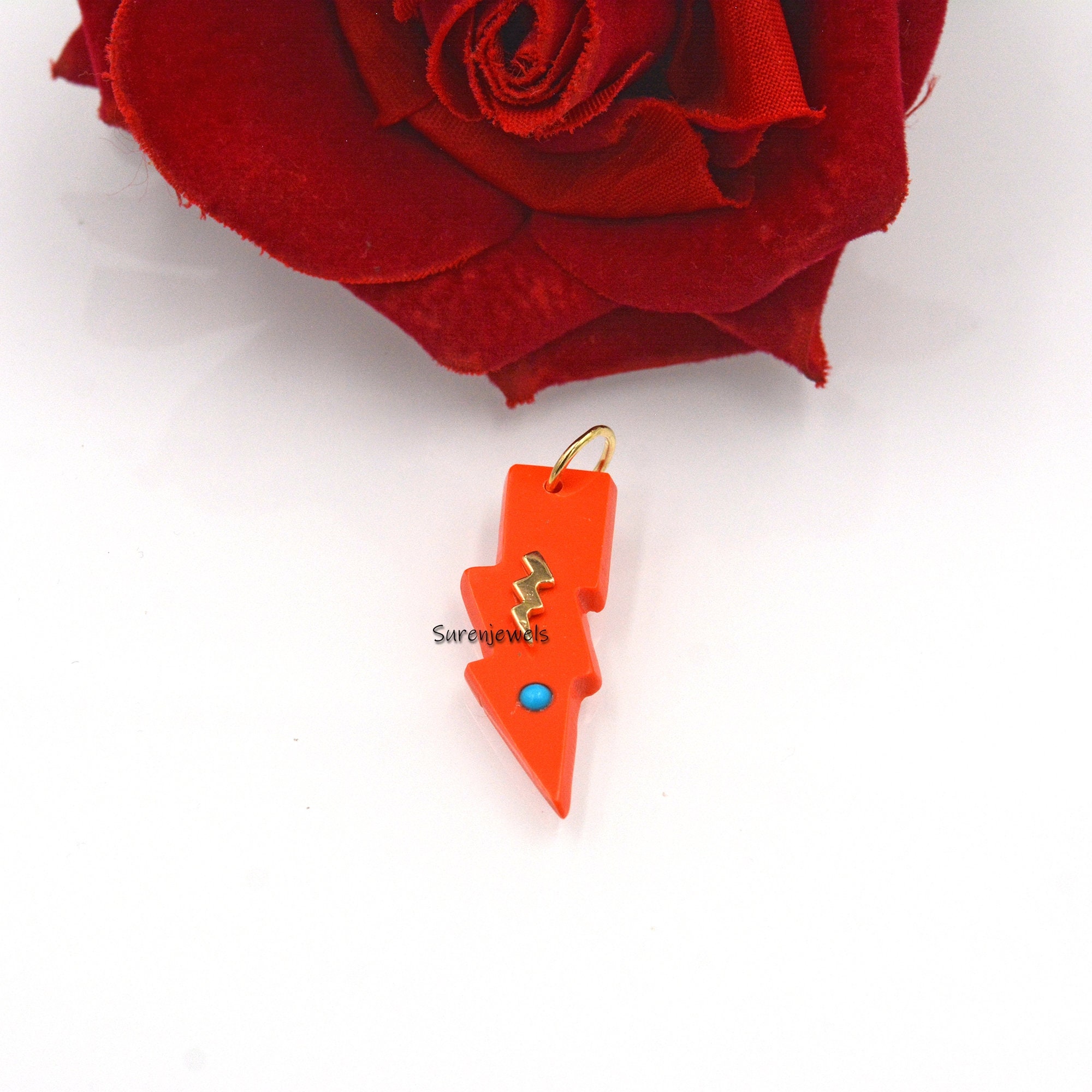 14k Gold Gemstone Lighting Bolt Pendant: Carved Coral or Turquoise - View 4 - Suren Jewels | SKU: SJP1617