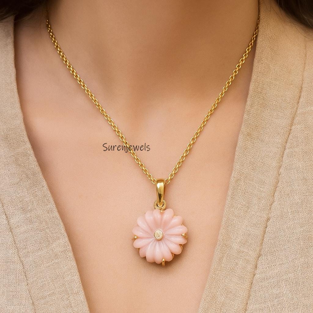 14K Gold Hand Carved Gemstone Flower Pendant - View 5 - Suren Jewels | SKU: SJP6038-SLYGRQBT-30M