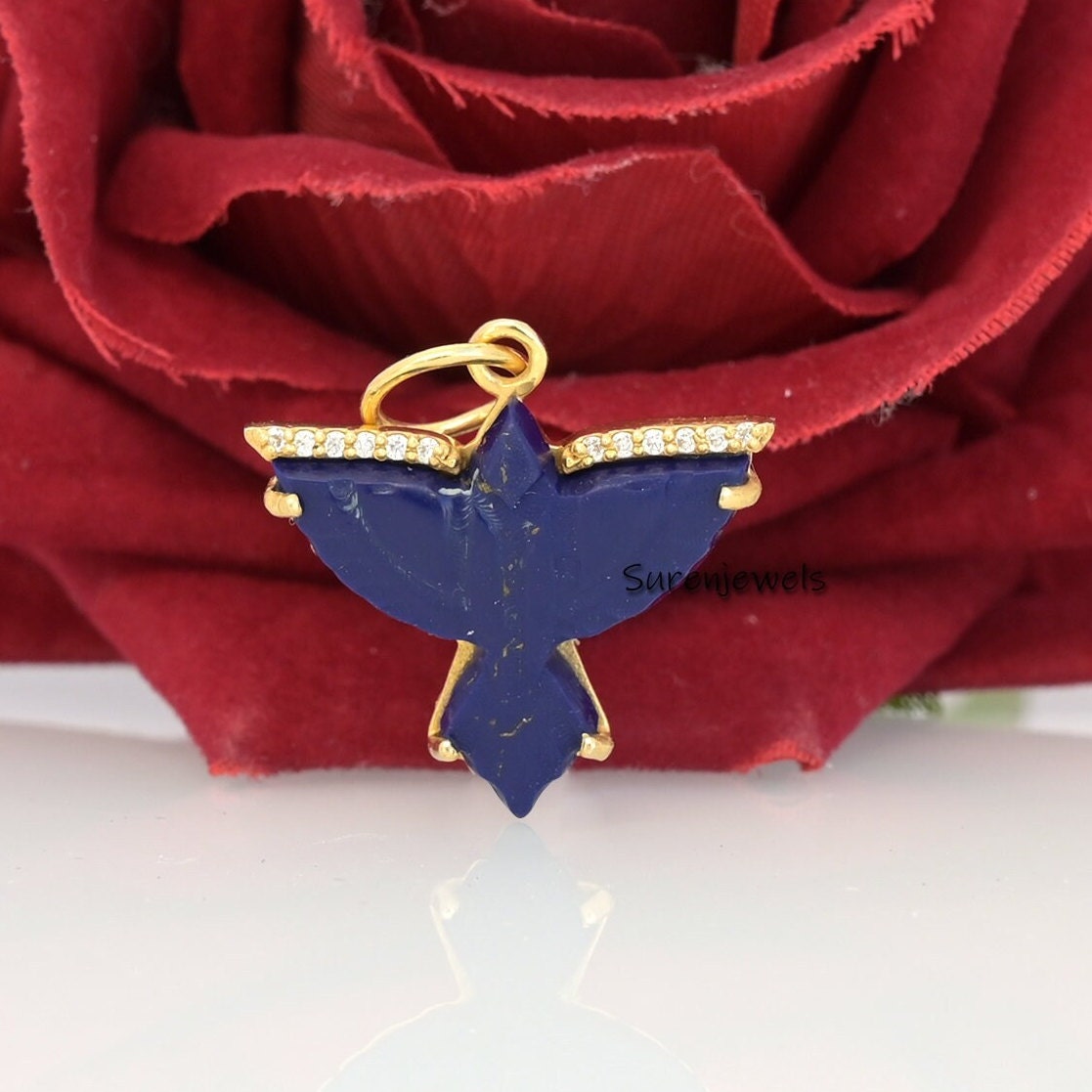 14K Gold Carved Gemstone Bird Pendant: Flying Swallow Charm - View 2 - Suren Jewels | SKU: SJP1711