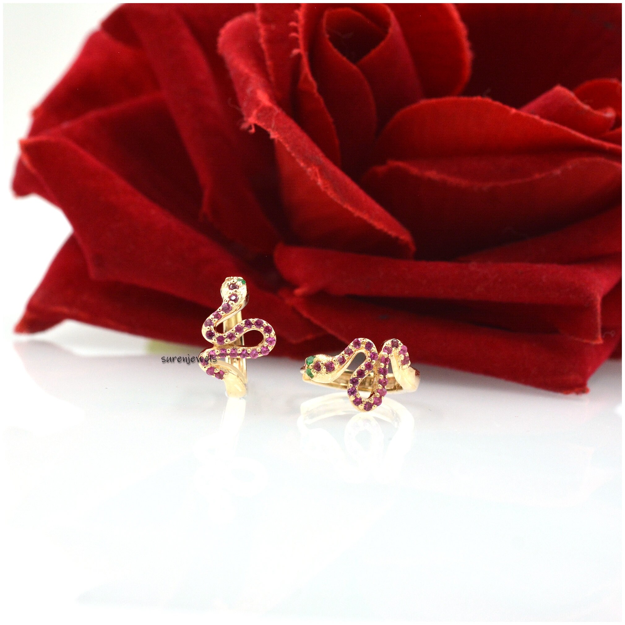 925 Silver Snake Huggies: Diamond & Emerald Gemstone Hoops - View 5 - Suren Jewels | SKU: SJE998-9KYGCZEM-15M