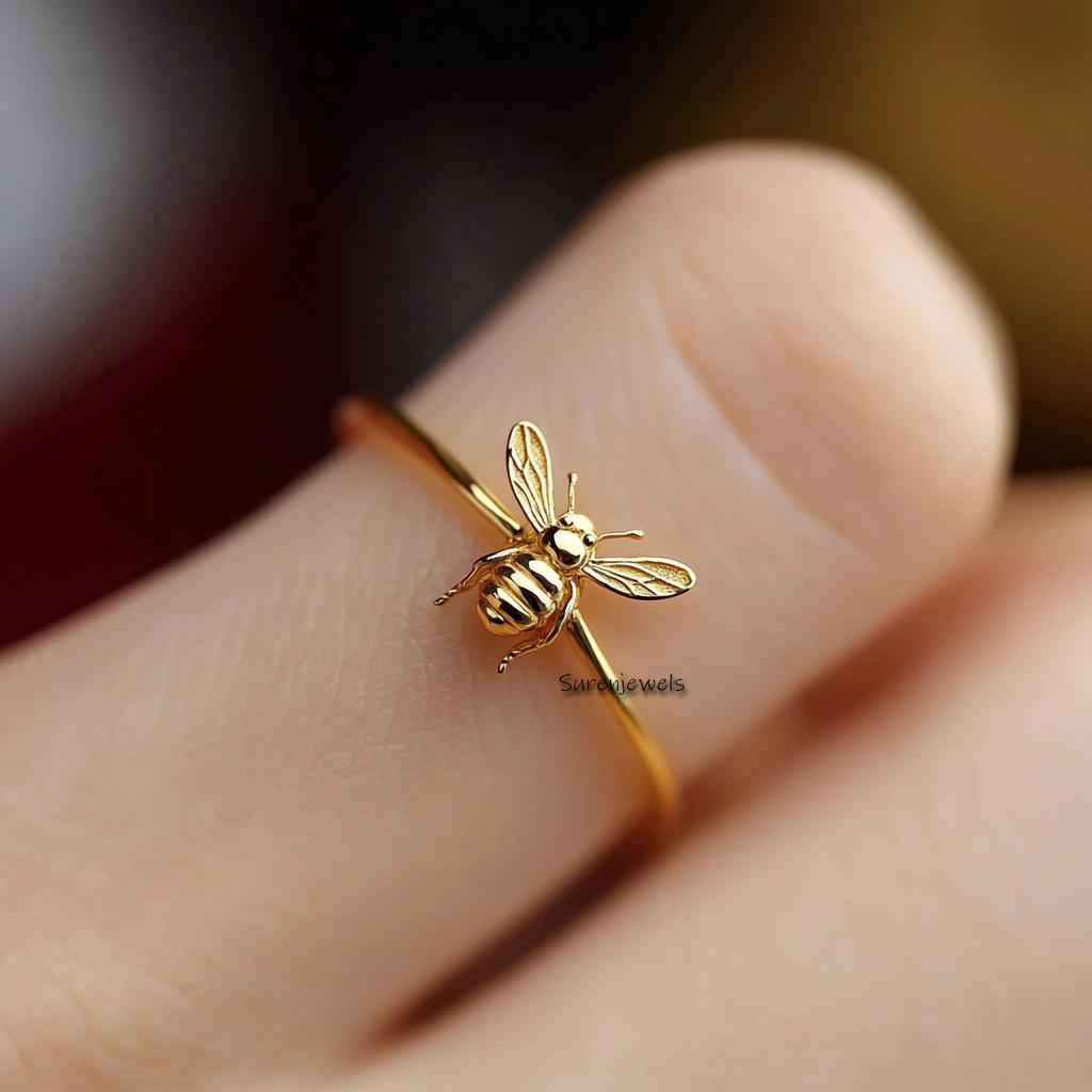 14K Gold Honey Bee Ring: Moissanite Stacking Ring - View 7 - Suren Jewels | SKU: SJR2751-SLYGCZ-US-7,SJR2811-SLYGCZ-US-7,SJR2