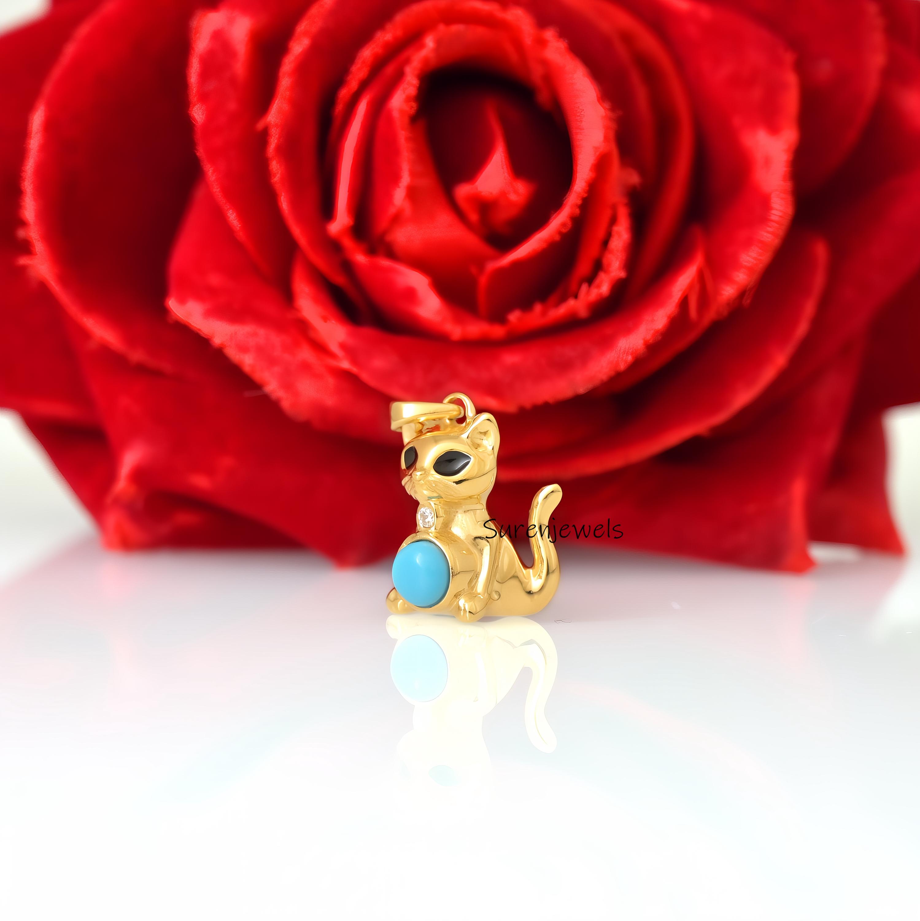 14k Gold Gemstone Cat Pendant: Designer Animal Jewelry - View 7 - Suren Jewels | SKU: SJP4941-SLYGTQCZELBK-15M,SJP4619-SLYGPO