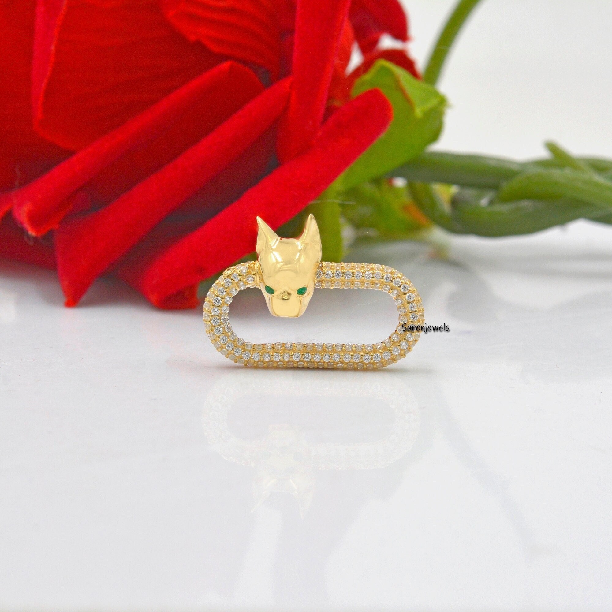 Handmade 925 Silver Pave Gemstone Carabiner Lock: Designer Dog Charm - Suren Jewels | SKU: SJC139-SLYGDIRU-25M