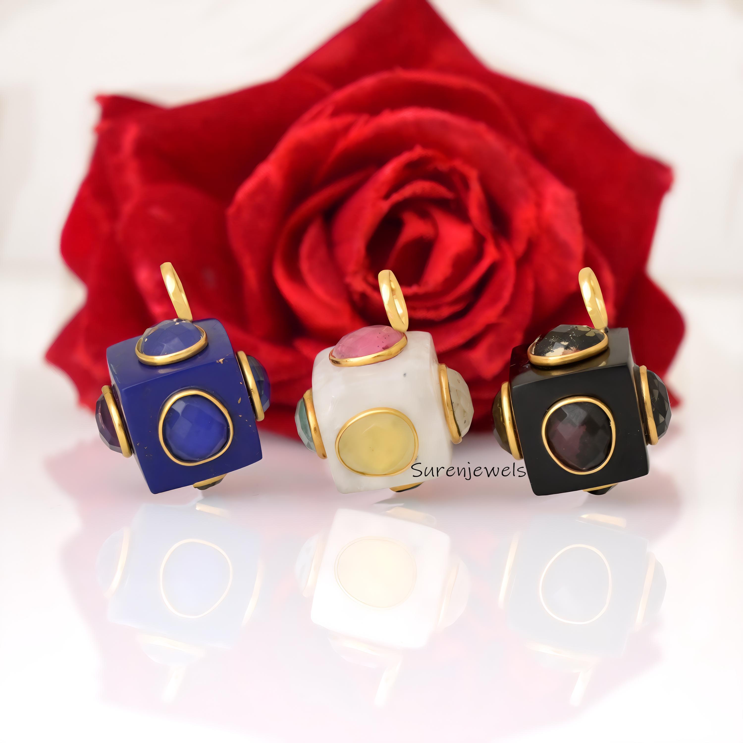 14K Gold Gemstone Cube Pendant - Handmade Multi Gemstone Dice Jewelry - Suren Jewels | SKU: SJP5062