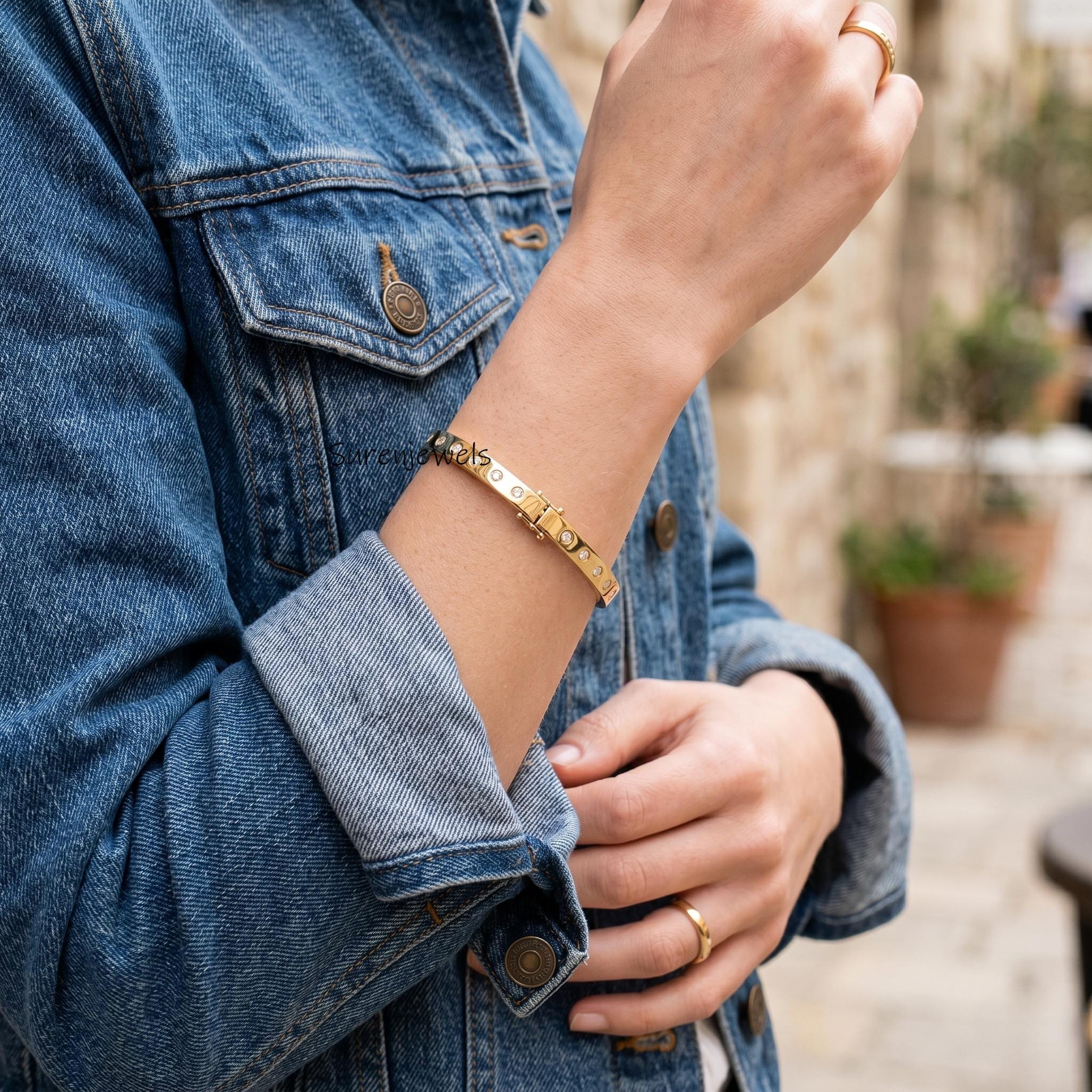 14k Gold Diamond Flush Set Bangle, Solid 14k Gold Hinged Bangle: Dainty Oval BraceletSimple Gold Bangle, Gold Women's Bangle