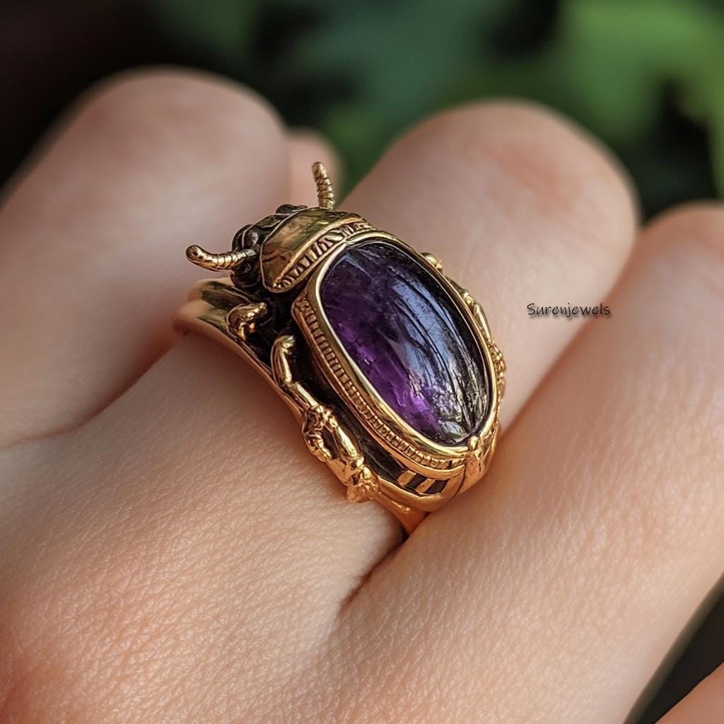 14k Gold Scarab Ring: Hand Carved Gemstone Amulet - View 5 - Suren Jewels | SKU: SJR2821-SLWGTQ-US-7,SJR
