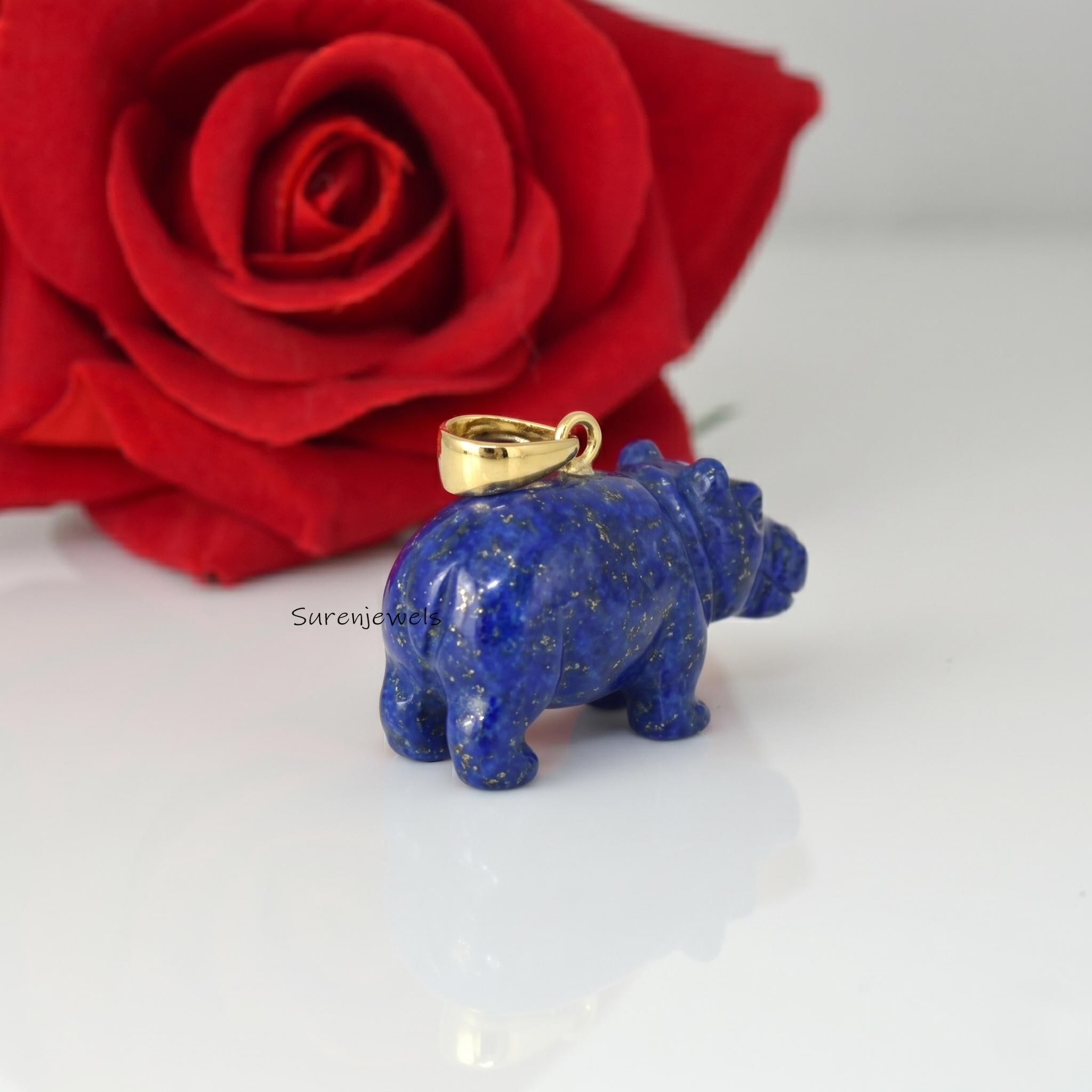 14K Gold Gemstone Hippo Pendant, hand carved Gemstone hippo pendant, Rose Quartz Hippo Charm, Hippo Animal Jewelry, Carving H