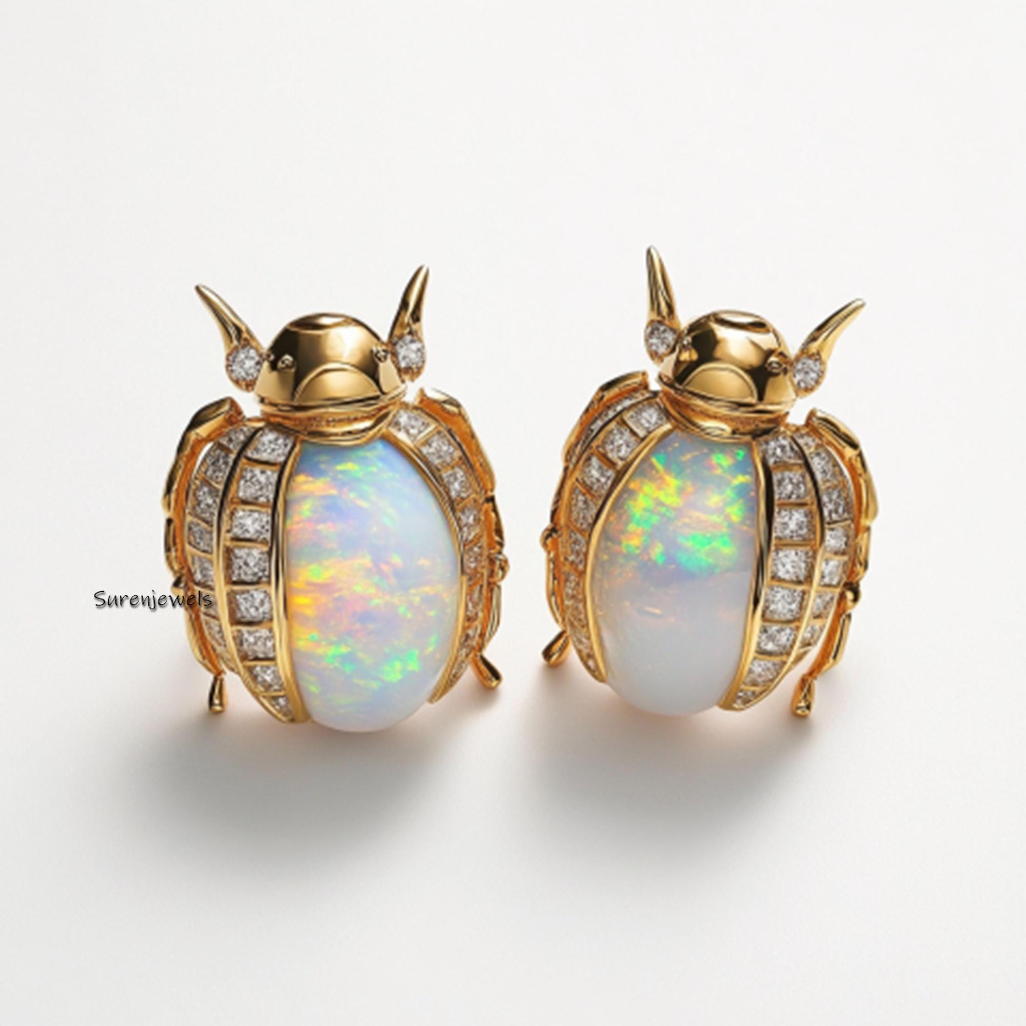 14k Gold Hand Carved Egyptian Beetle Earrings - View 4 - Suren Jewels | SKU: SJE,SJE2545-SLYGMKCZBKCZ-15M