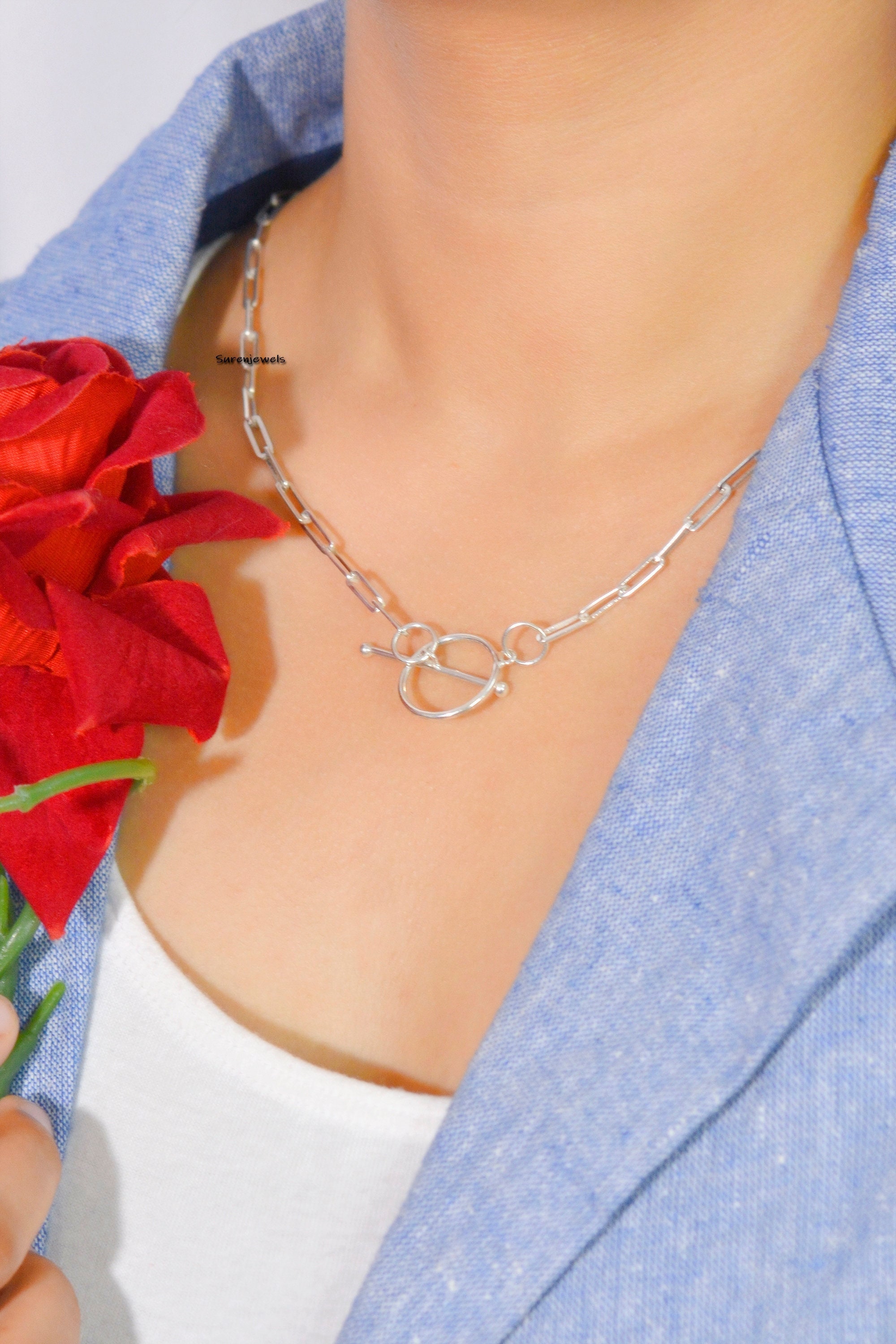 925 Sterling Silver Toggle Clasp Paperclip Link Chain - Suren Jewels | SKU: SJN217-SLWG-16I-925