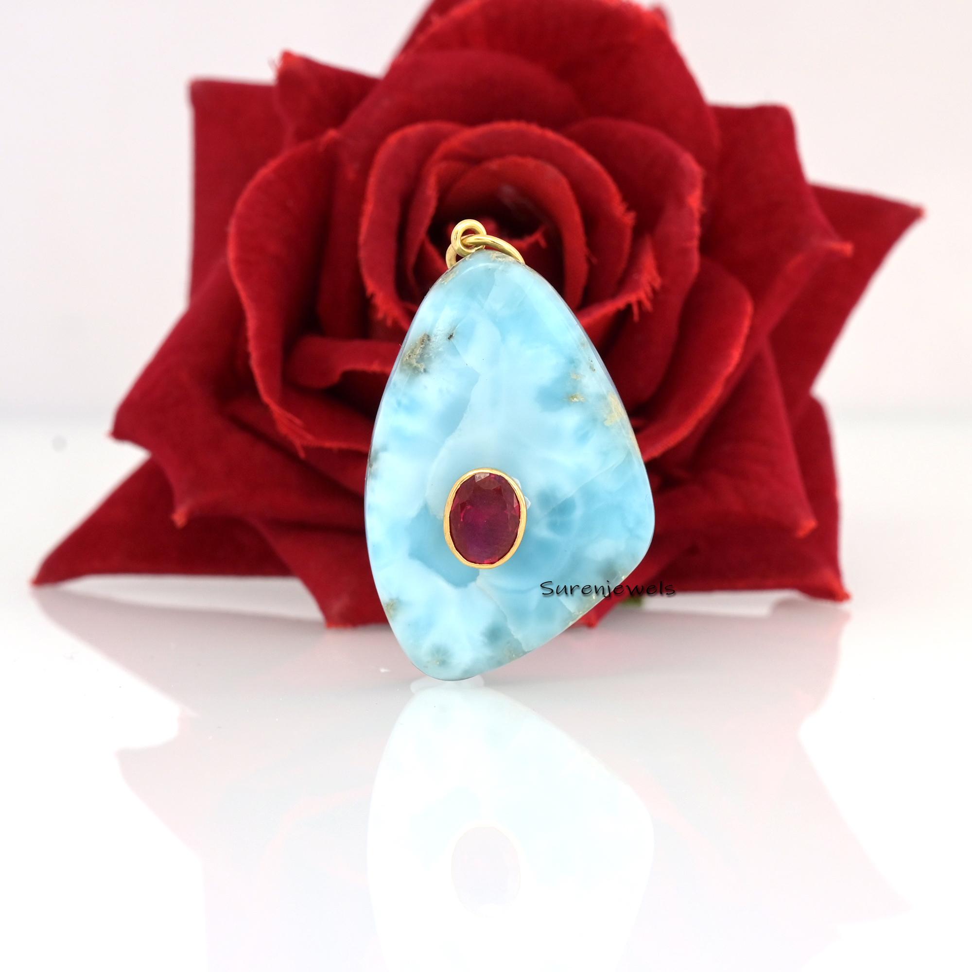14K Gold Larimar Teardrop Pendant: Ruby Accent - View 2 - Suren Jewels | SKU: SJP4172-SLYGAZWT-30M