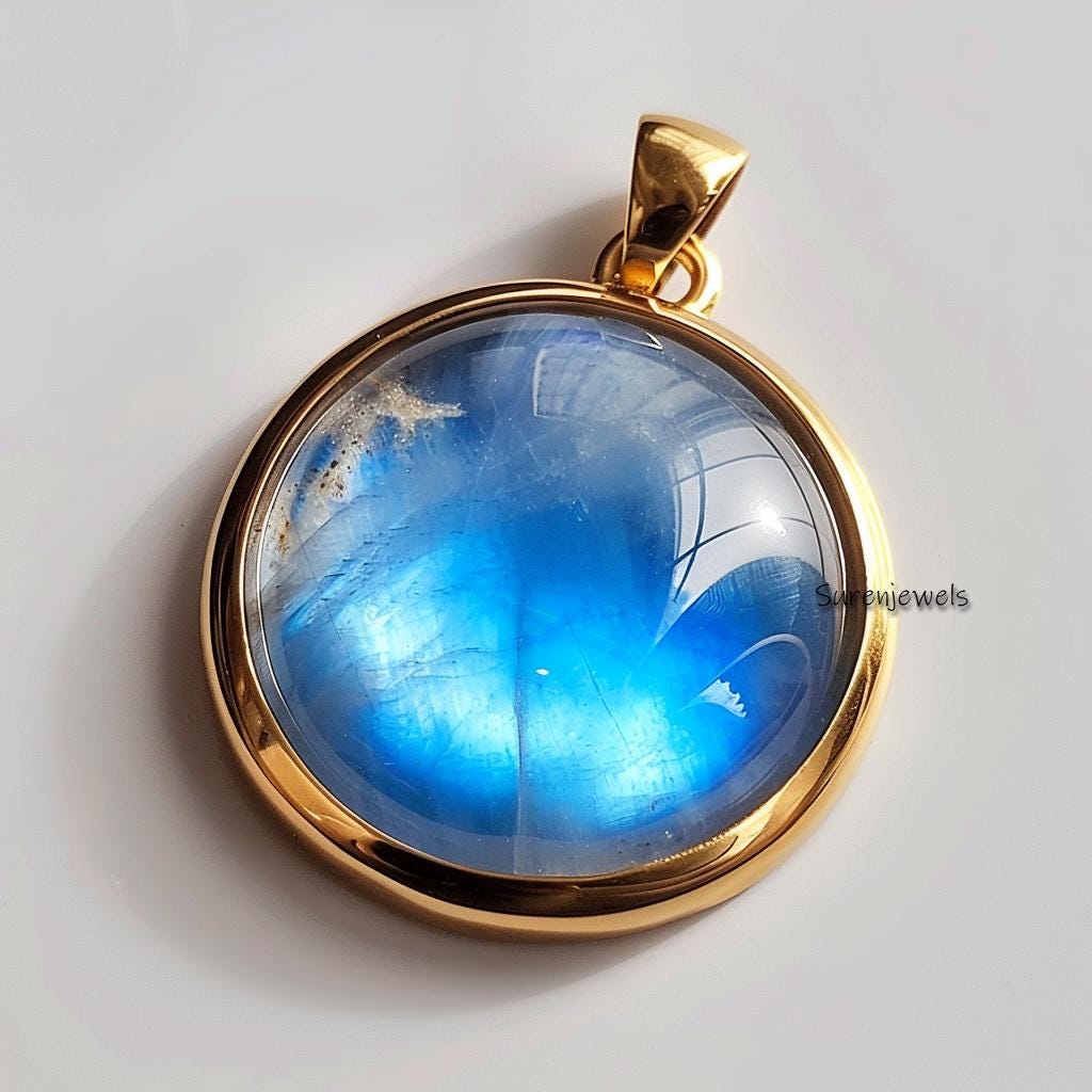 14k Gold Rainbow Moonstone Cabochon Pendant, Round Designer Moonstone - View 2 - Suren Jewels | SKU: SJP3451-SLYGMS-25M