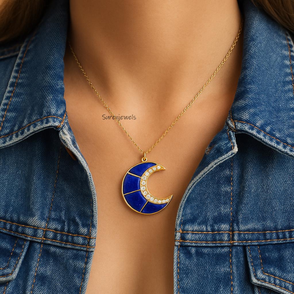 14K Gold Lapis Crescent Moon Pendant, Handmade Gemstone Necklace - Suren Jewels | SKU: etsy_14k-gold-lapis-crescent-moon-pend