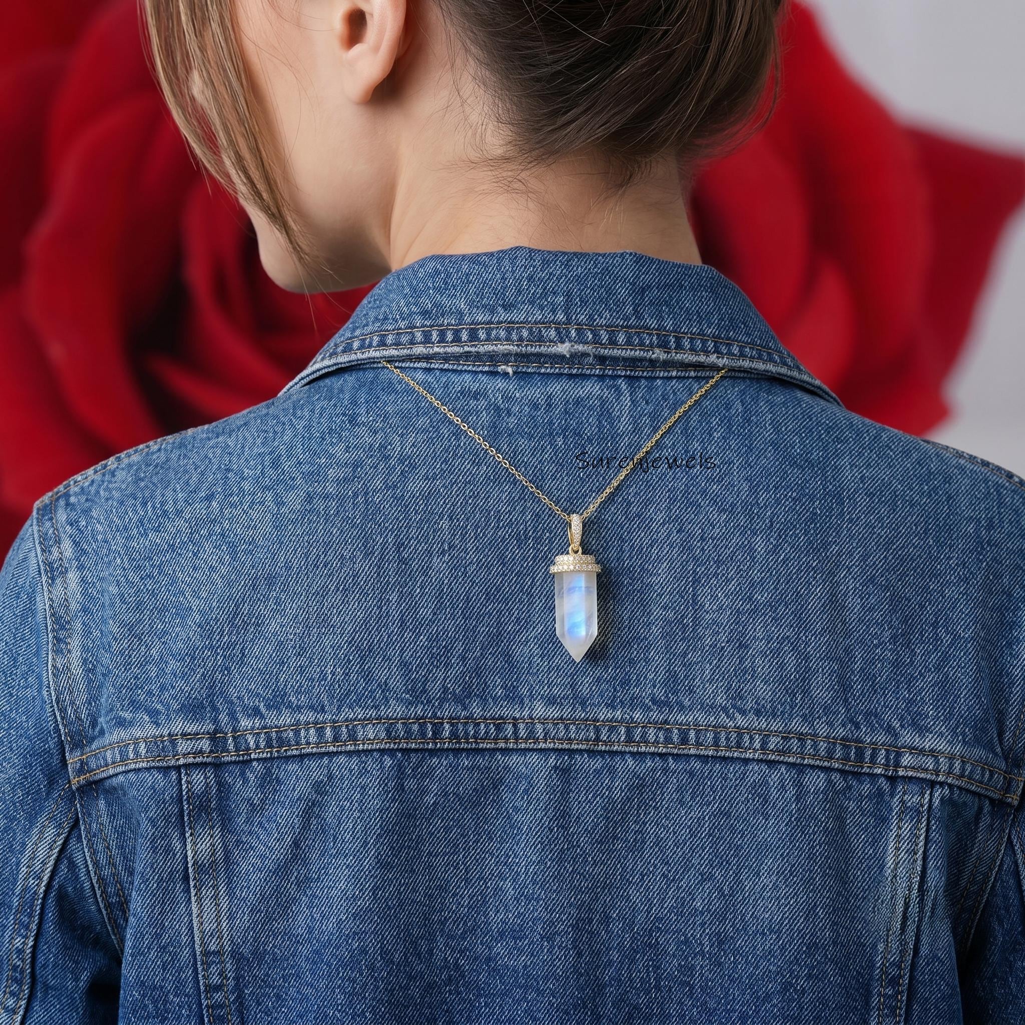 14K Gold Gemstone Point Pendant, Moonstone Point Pendant, Crystal Pencil Point Pendant, Moonstone Pendant, Crystal Pointed Pe