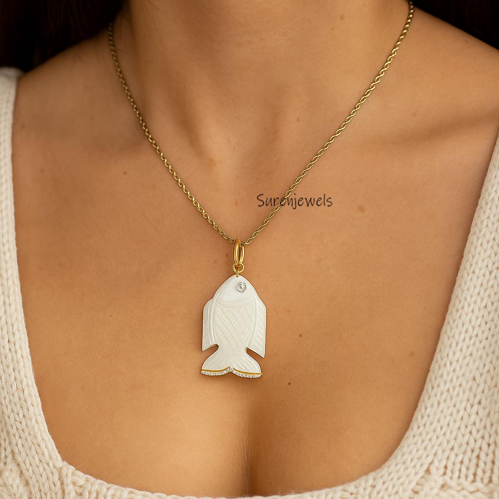 Hand Carved 14k Gemstone Fish pendant: Carved Gemstone, Lucky Charm - View 2 - Suren Jewels | SKU: SJP5301-SLYGWCRCZ-35M