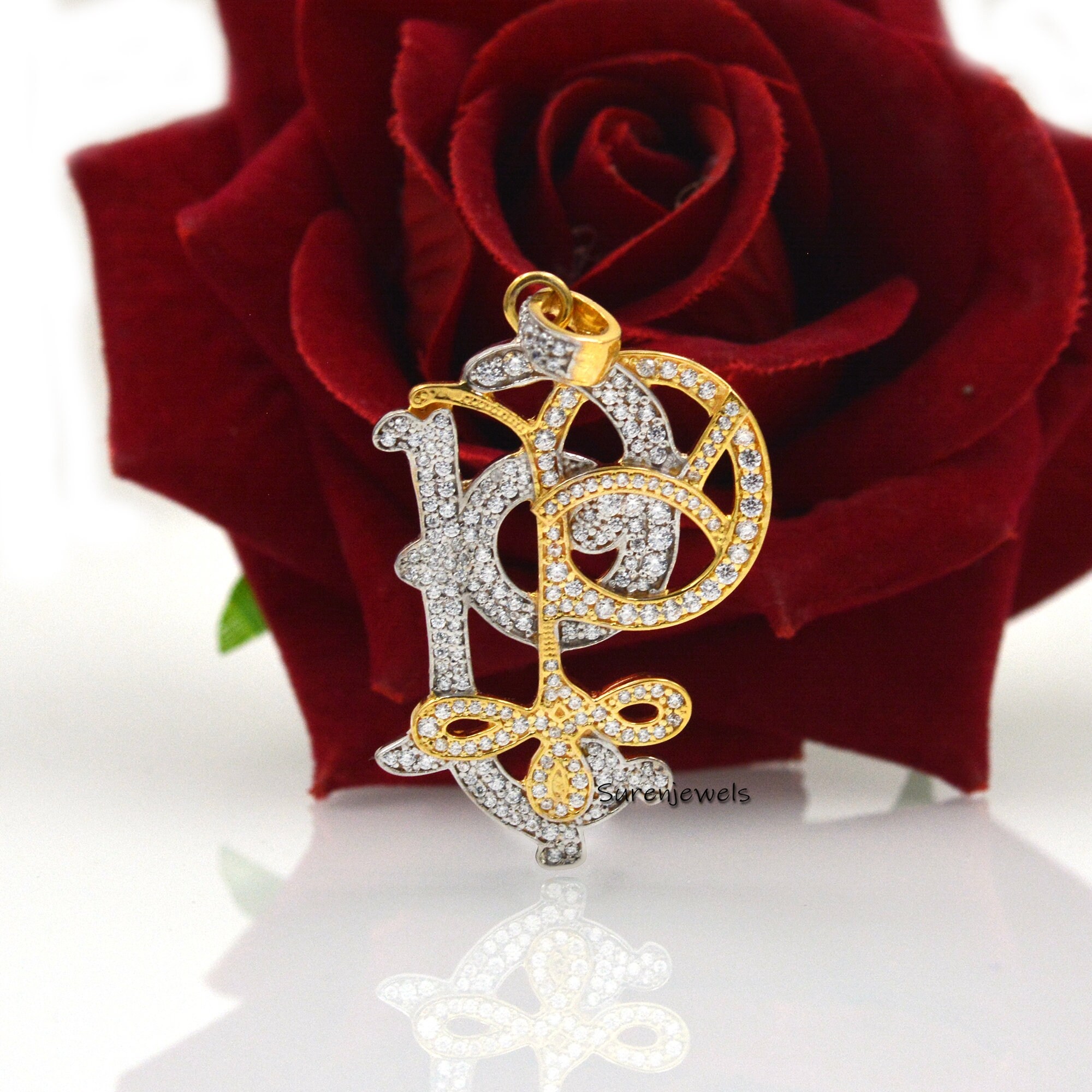 Diamond Monogram Pendant: Two-Tone 925 Silver Pave Initial - View 4 - Suren Jewels | SKU: SJP540-SLYGWGDI-SW