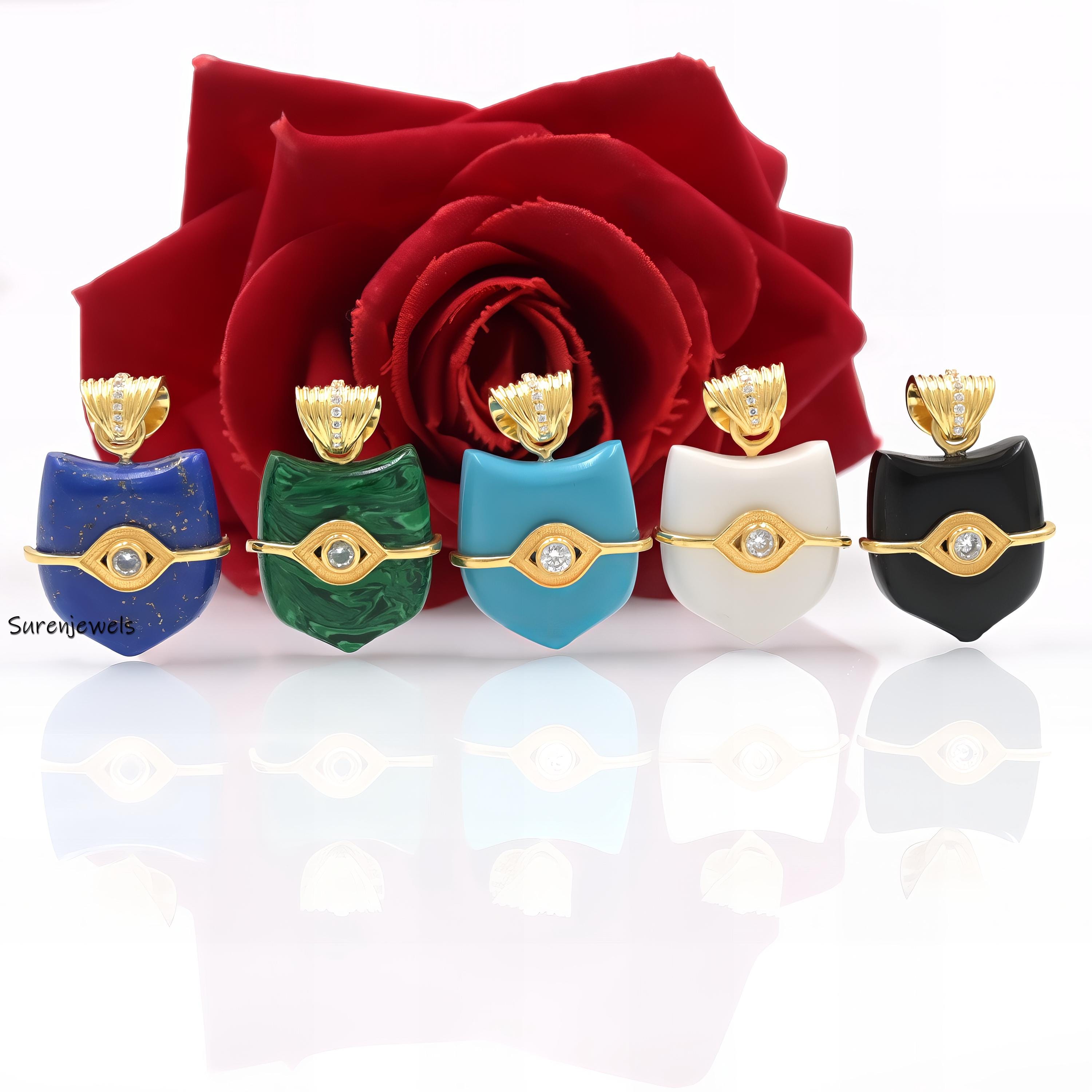 925 Silver Gemstone Shield Pendant: Lapis, Turquoise, Malachite (30mm) - Suren Jewels | SKU: SJP3536-SLYGLPZCZ-30M