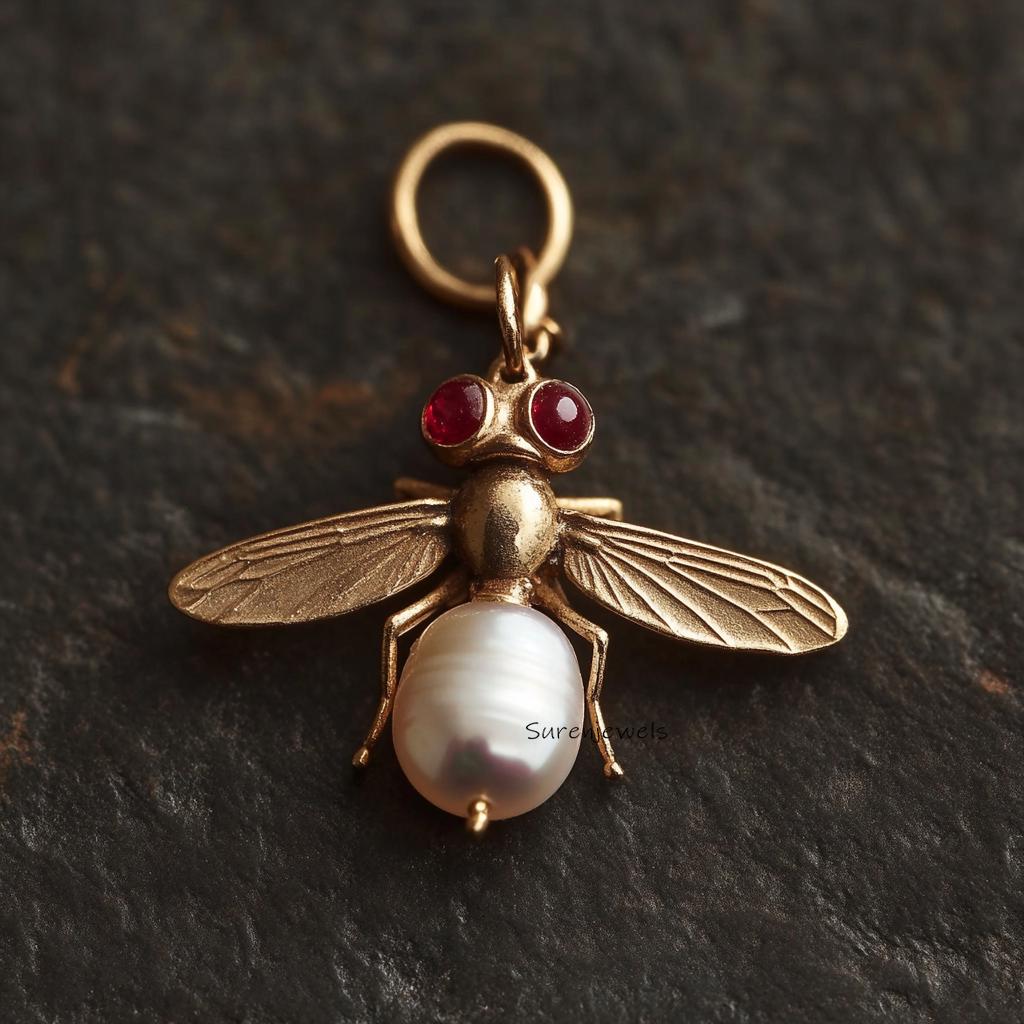 Hand Carved Pearl Bee Charm: 925 Silver Gemstone Pendant - View 4 - Suren Jewels | SKU: SJP3615-SLRGRQRUCZ-25M