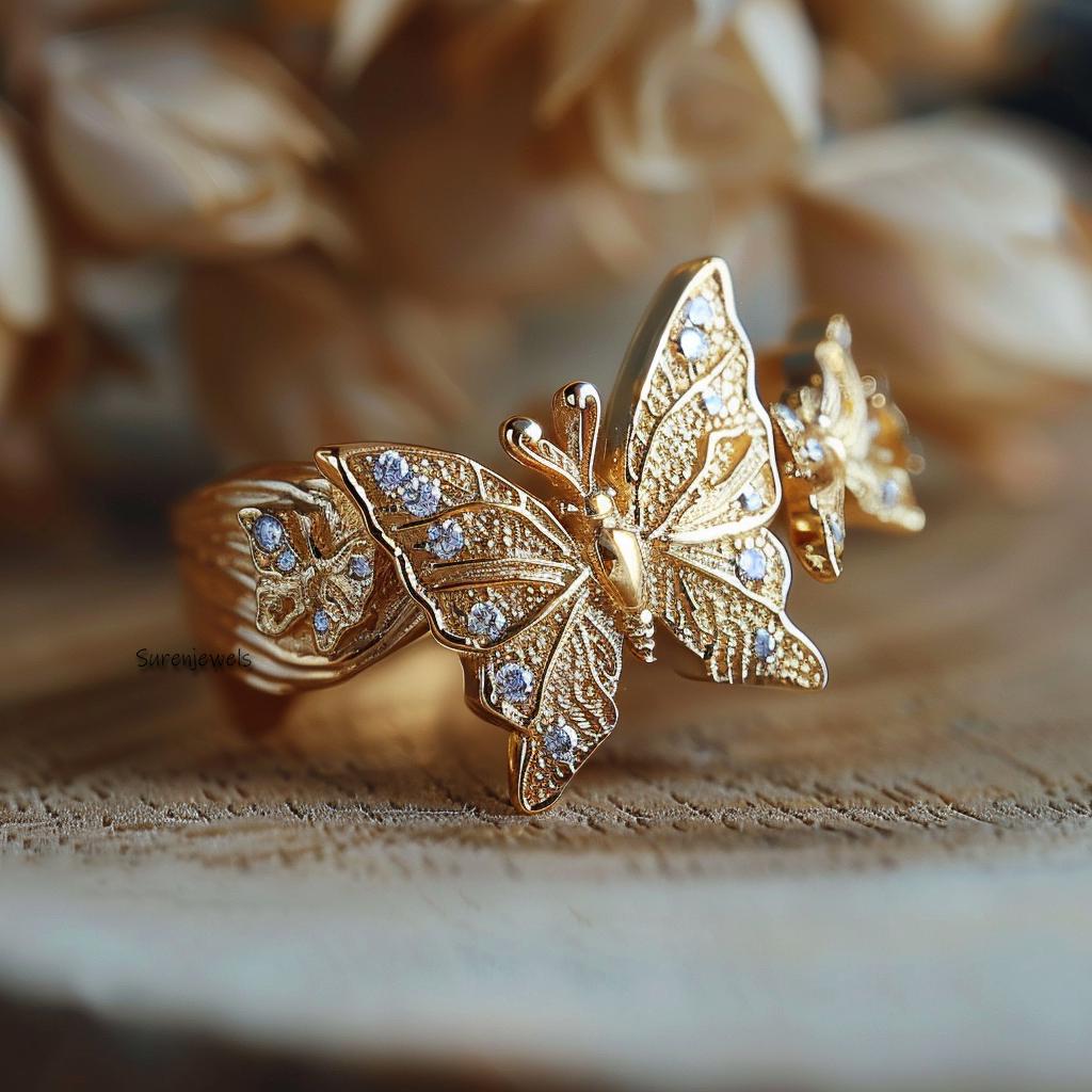 14K Solid Gold Butterfly Ring: Moissanite Animal Jewelry - View 4 - Suren Jewels | SKU: SJR3190-SLYGCZ-US-9,SJR2766-SLYGCZ-US