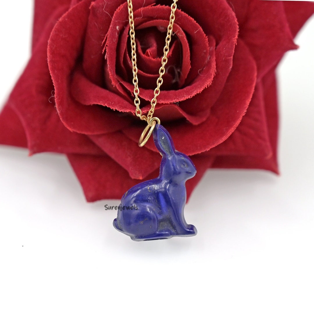 14k Gold Gemstone Carving Bunny Pendant, Gold Rabbit Charm, Rabbit