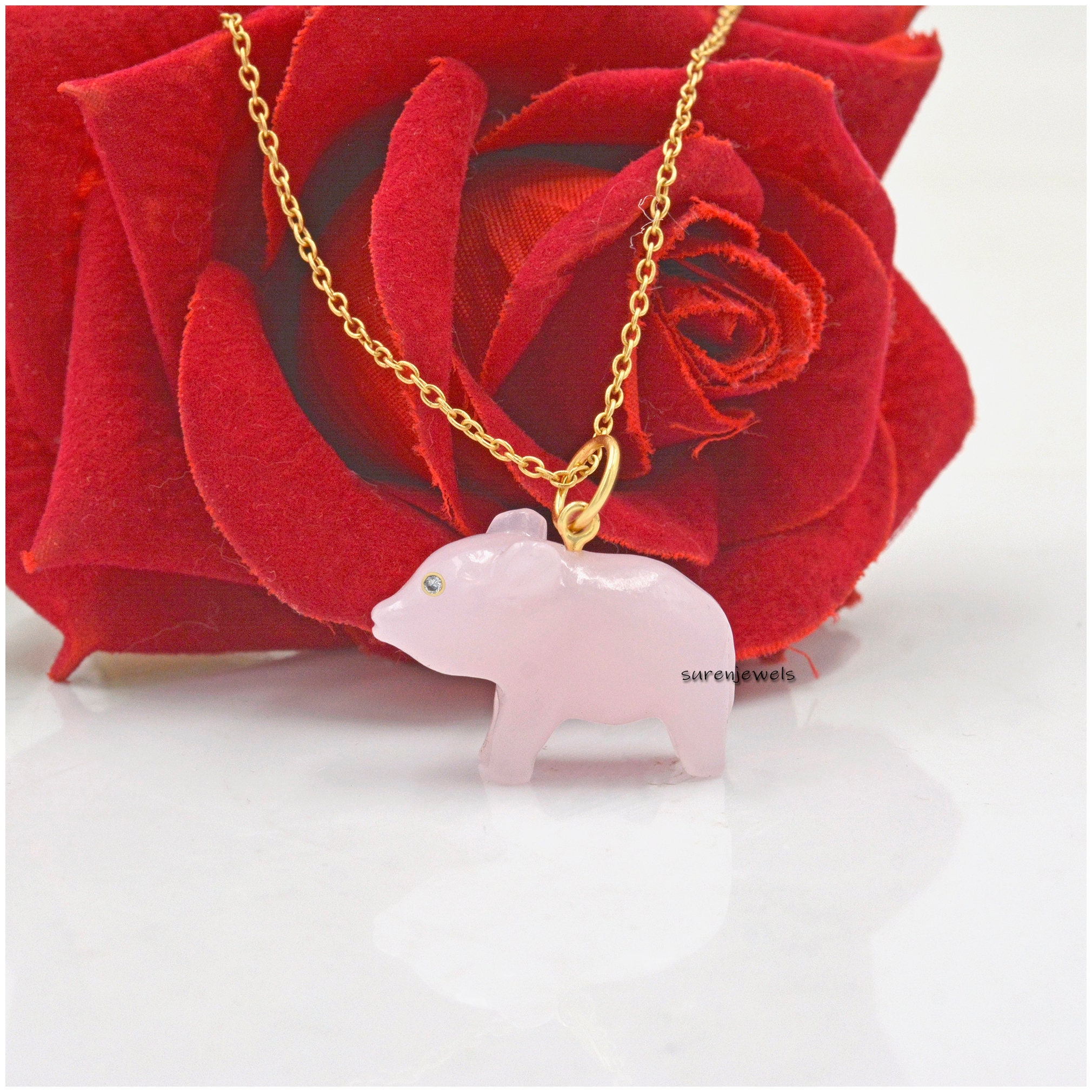 14K Gold Carved Gemstone Pig Pendant, Opal Piggy Charm - View 5 - Suren Jewels | SKU: SJP1164-SLYGRQ