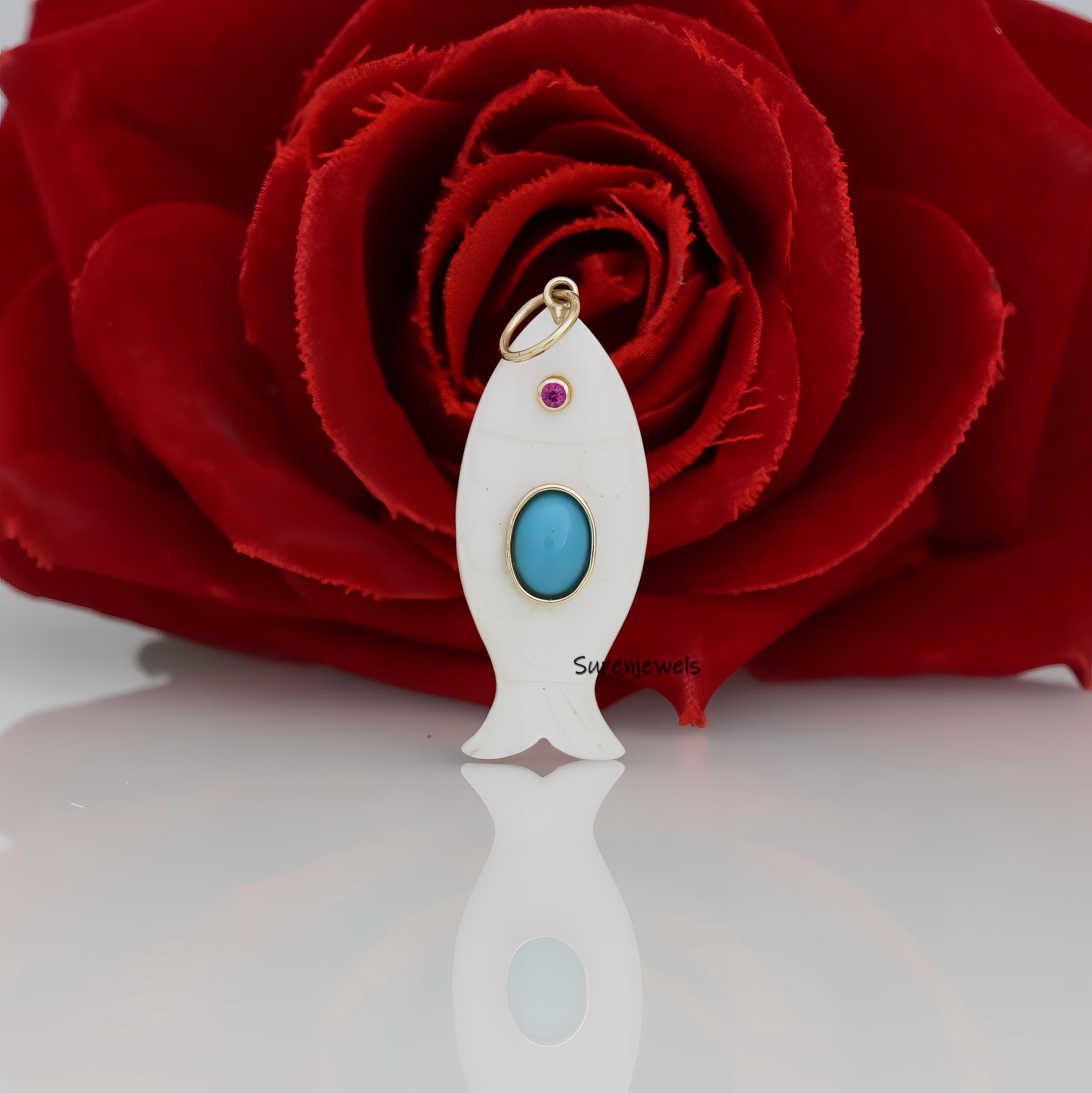 14K Gold Carved Gemstone Fish Pendant: Turquoise & Malachite - View 2 - Suren Jewels | SKU: SJP3434-9KYGRCRTQRUCZ-30M