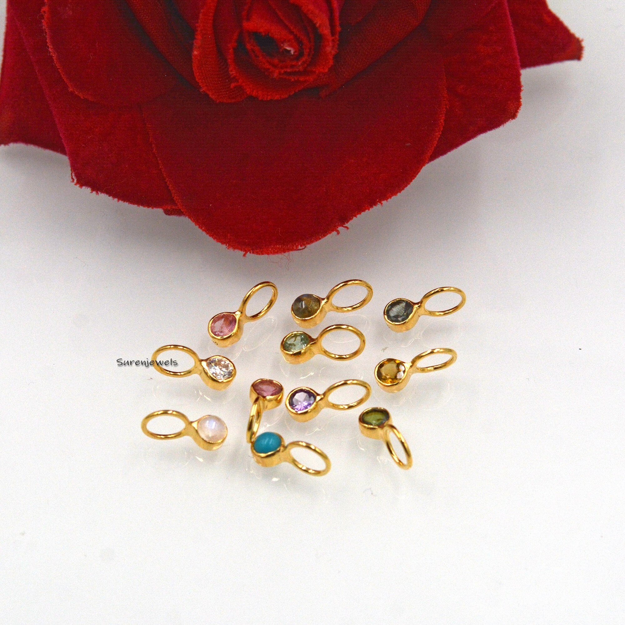 9k Gold Birthstone Pendant: Tiny Gemstone Drop Charm - View 2 - Suren Jewels | SKU: SJP468-14KYGSTM-N41-18I