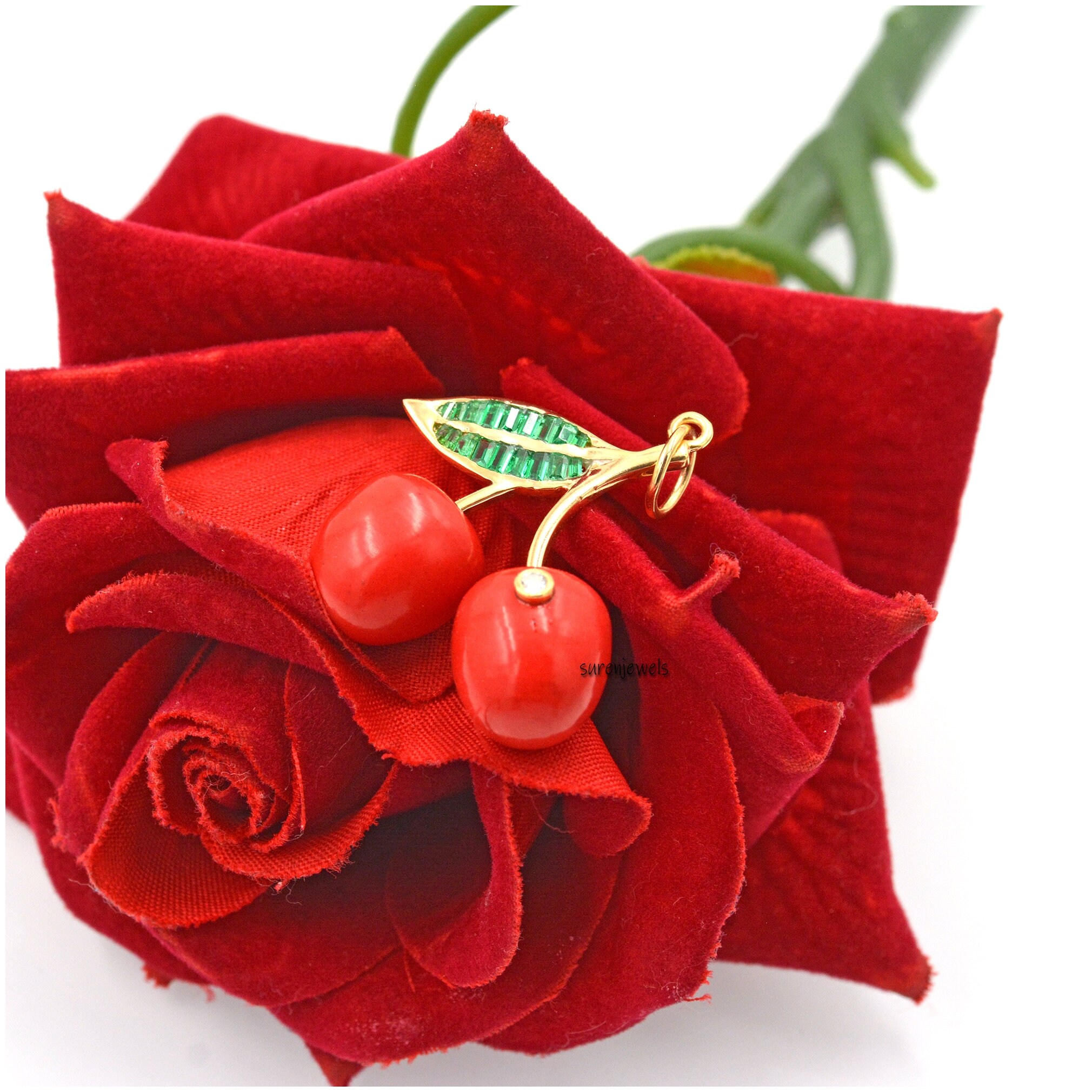14K Gold Cherry Pendant: Coral Gemstone, Handmade Charm - View 6 - Suren Jewels | SKU: SJP1449-SLYGRCRCBTTCZMN
