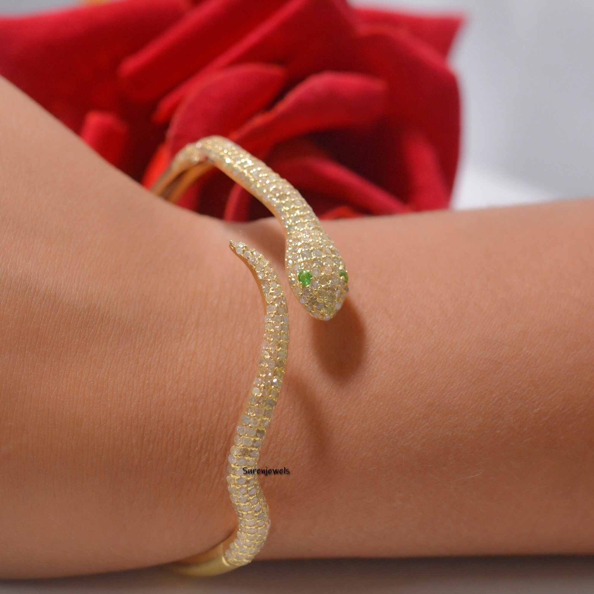 Diamond Snake Bangle, Natural Pave Diamonds, Emerald Eyes, Silver - View 3 - Suren Jewels | SKU: SJB69-SLYGDITS-8I