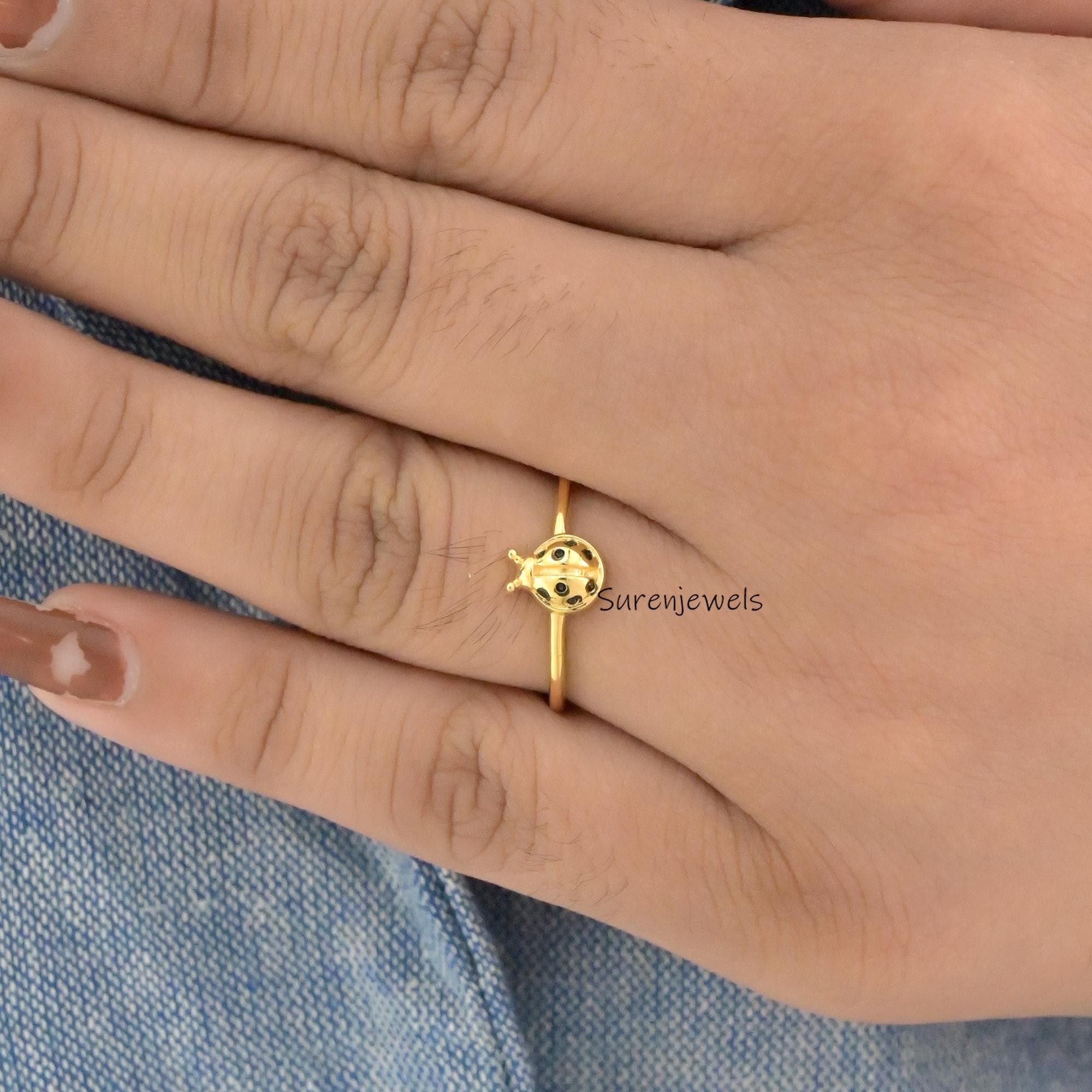 14k Gold Ladybug Ring: Dainty Handmade Animal Jewelry - View 7 - Suren Jewels | SKU: SJR2897-SLYGBKCZ-US-7
