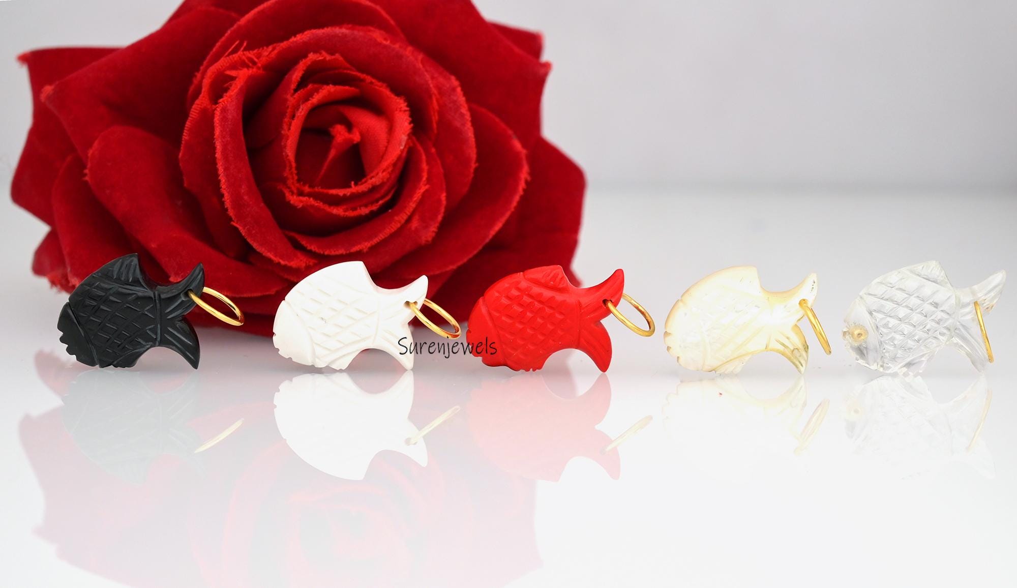 14k Gold Carving Gemstone Fish Pendant, Turquoise Lucky Fish - View 6 - Suren Jewels | SKU: SJP4384-SLYGRCRRUCZ-30M