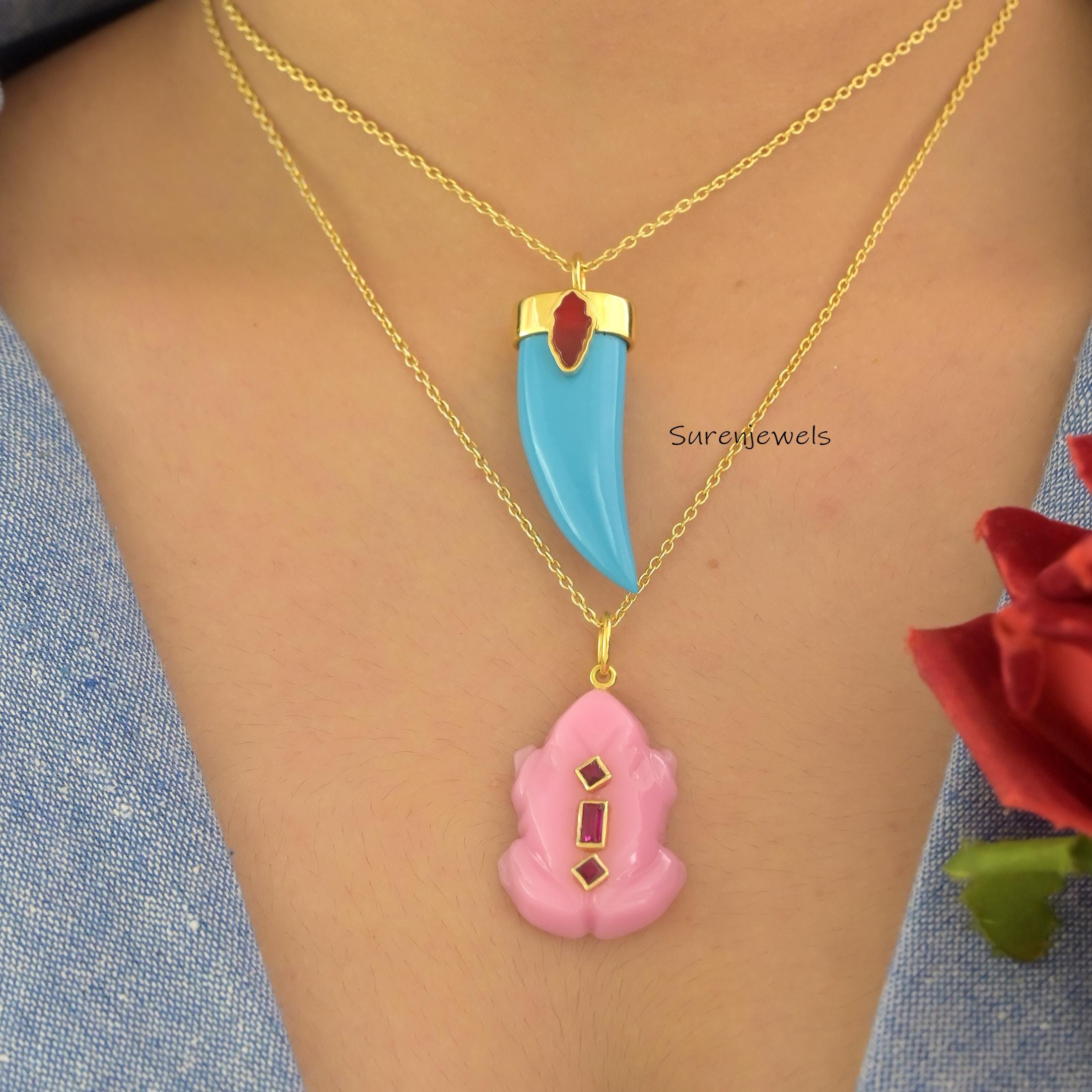 14k Gold Malachite Frog Pendant with Ruby CZ Accents - View 2 - Suren Jewels | SKU: SJP4913-SLYGMKRUCZ-35M